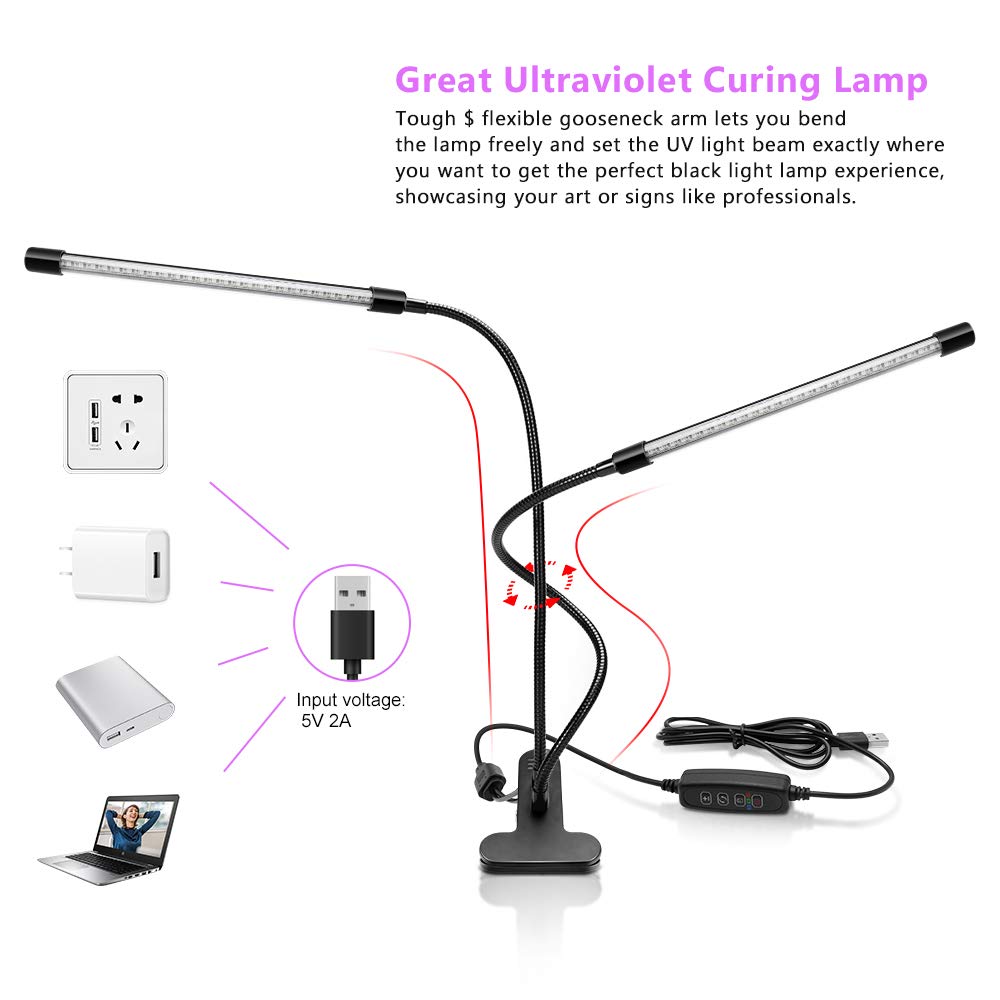 YGS-Tech LED Black Light Dual Head, 20W UV Light Fixture with Clamp, 395-405nm UV Gooseneck Lamp USB Powered for Blacklight Party, Stage Lighting, Resin Cure, 3D Print, Glow in The Dark