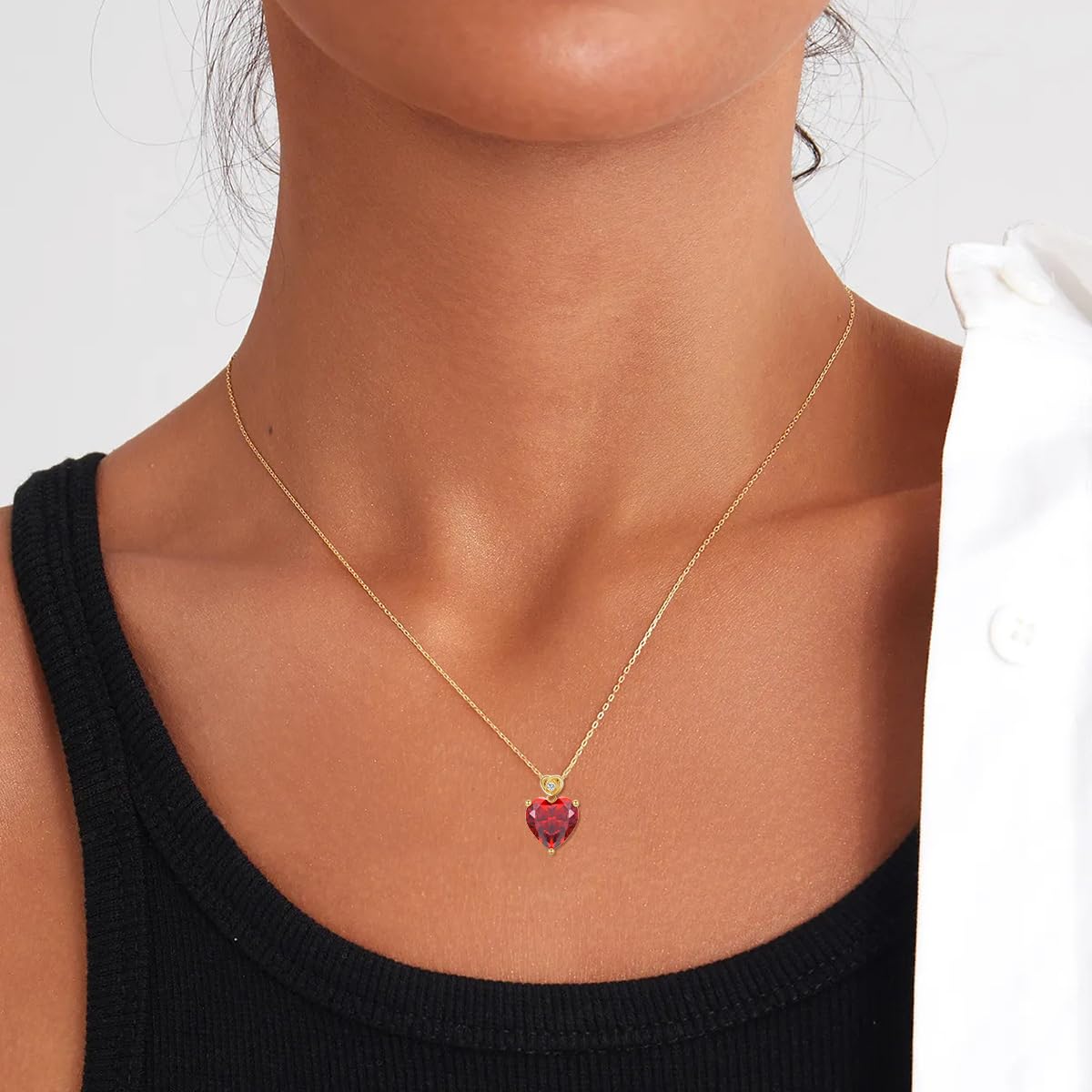 NFYBD 14k Gold Love Heart Garnet Birthstone Pendant Necklace for Women 3 Carat Heart-cut Created Gemstone Anniversary Birthday Mother's Day Necklaces for Her 16+1+1 inch-Jan