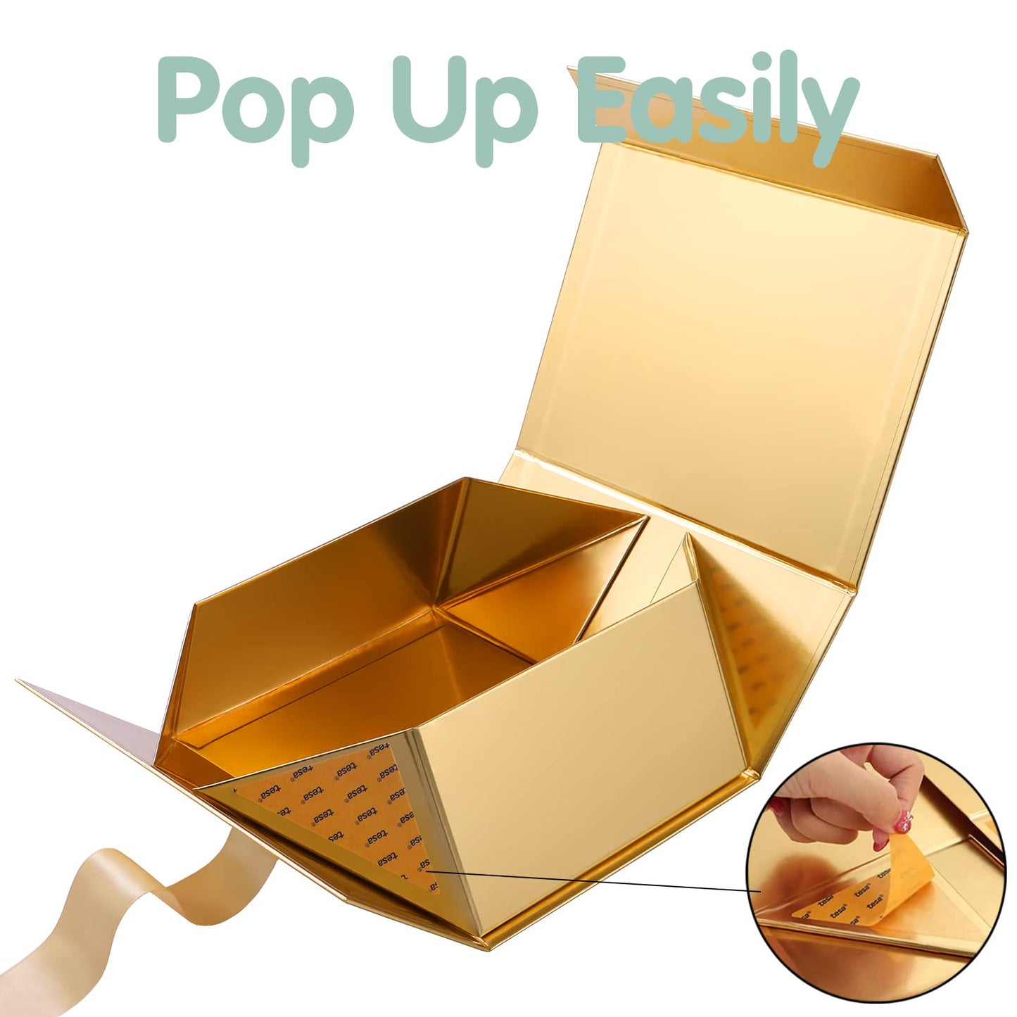 HAPPY POTATO 5 Gift Boxes with Ribbon 9x6.5x3.8 Inches, Gold Gift Boxes with Lids, Collapsible Boxes, Magnetic Closure Boxes for all occasion (Glossy Gold, Pack of 5)