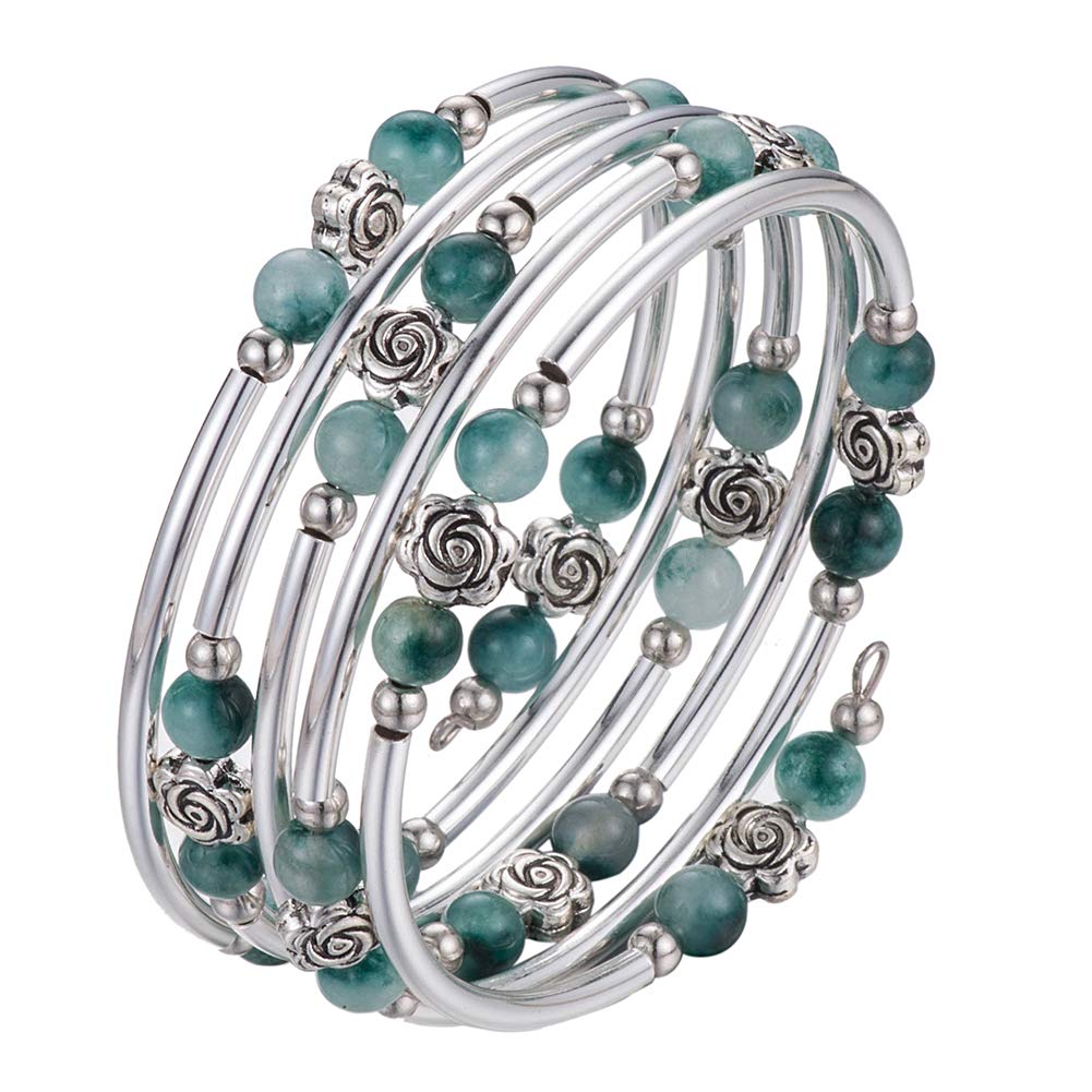 BULINLIN Wrap Bangle Rose Bead Bracelet - Beaded Bracelet with Natural Agate Stone Gifts For Women(01-Jade green)
