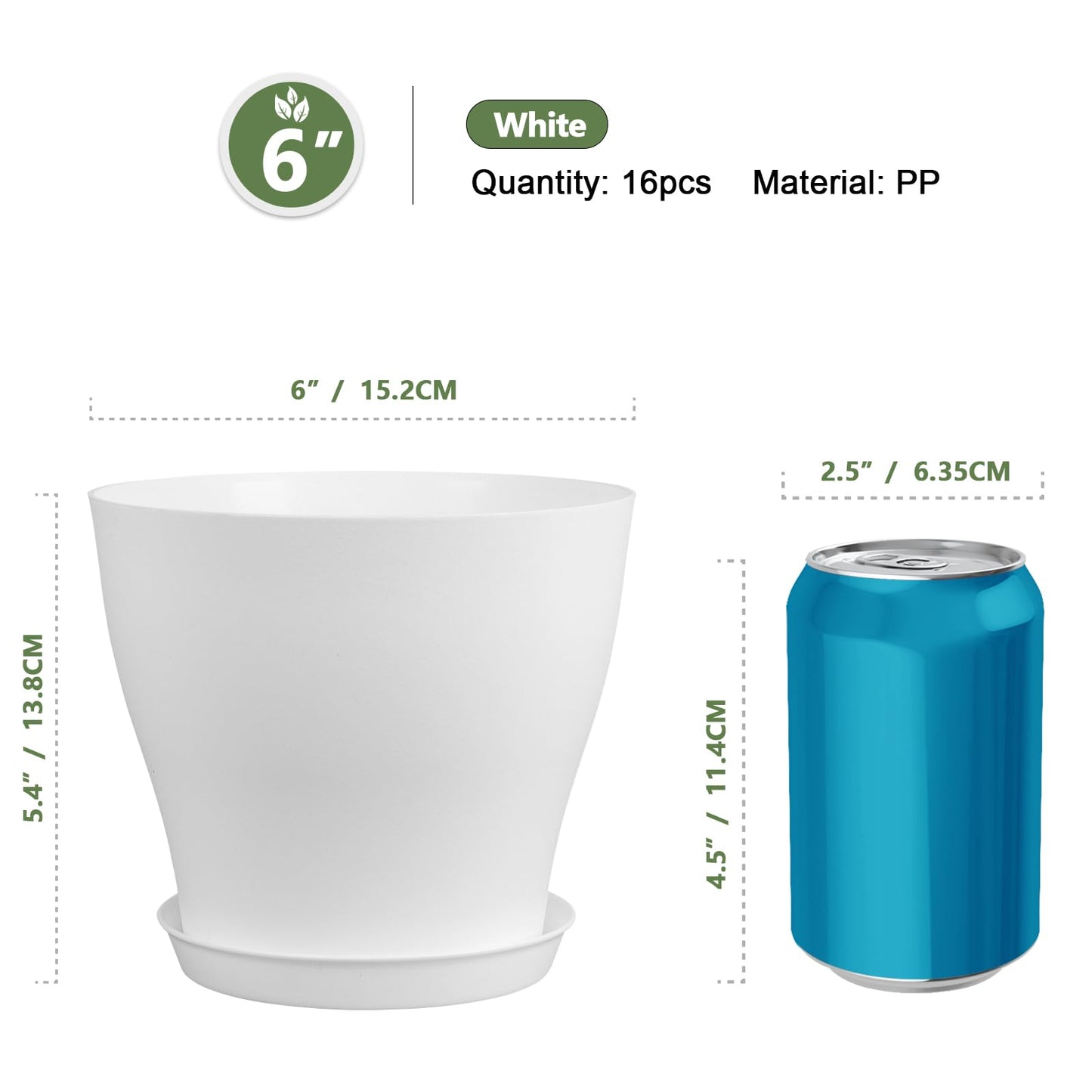 Meowell 6 inch Plastic Nursery Pots, 16 Pack Plant Pots for Small Indoor Outdoor Plants, Flower Pots with Drainage Holes and Saucers, Decorative Seedling Starter Planters for House Plants, White