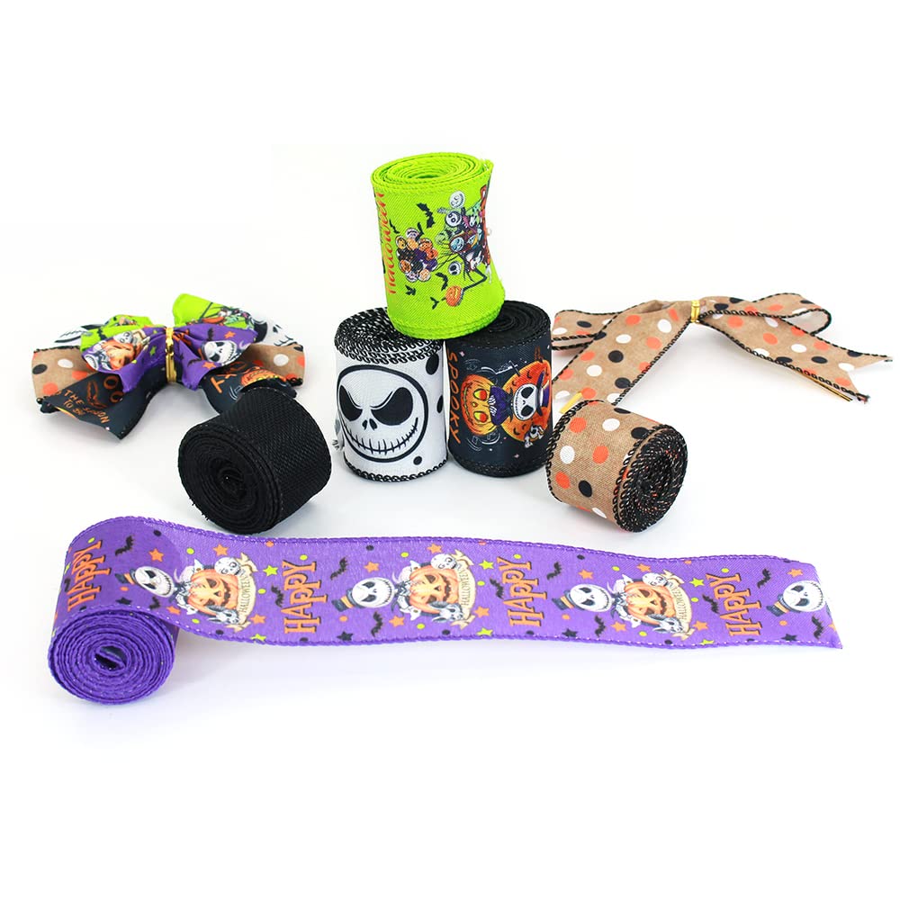 6 Rolls Nightmare Before Christmas Wired Ribbon 1.5" & 2.5" - Halloween Jack Skellington Sally Ribbon with Pumpkin/Spider/Bat/Patterns for Fall Halloween Christmas Decor, Wreath Bows, Gift Wrapping
