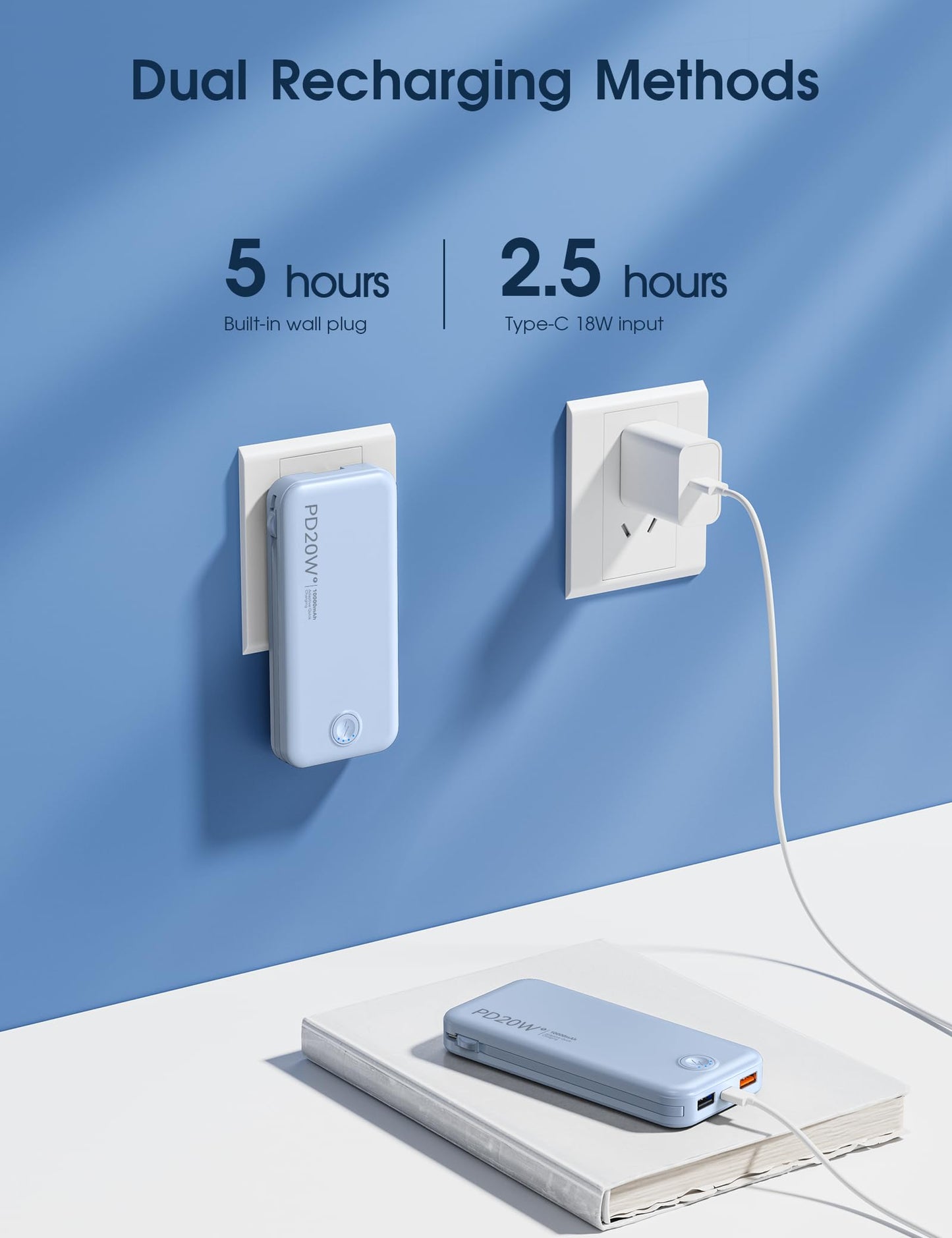 Nusyddy Portable Charger, 10000mAh PD20W Fast Charging Power Bank with Built-in Cables & Wall Plug, Travel Essentials External Battery Pack, USB C Battery Phone Charger for iPhone, Samsung Light Blue