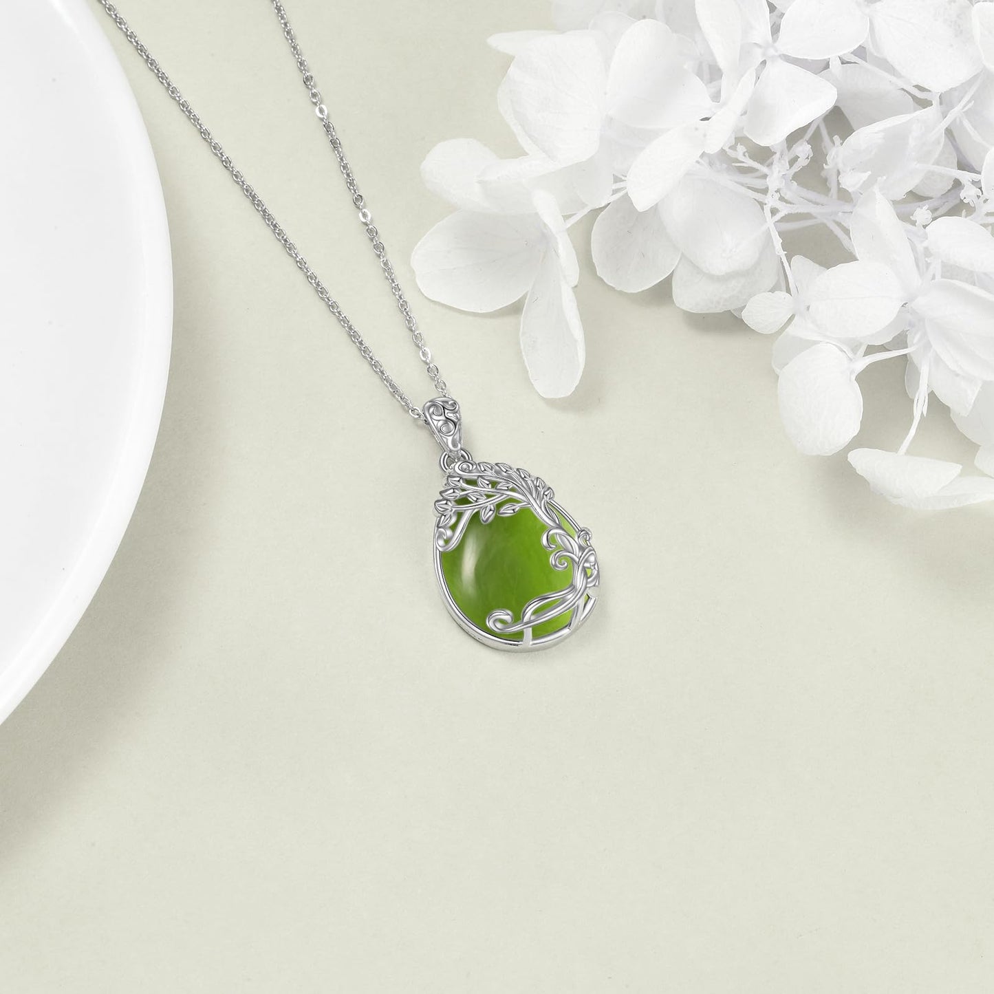 YAFEINI Sterling Silver Green Tree of Life Pendant - Natural Peridot Stone Necklace - Jewelry Gift for Women