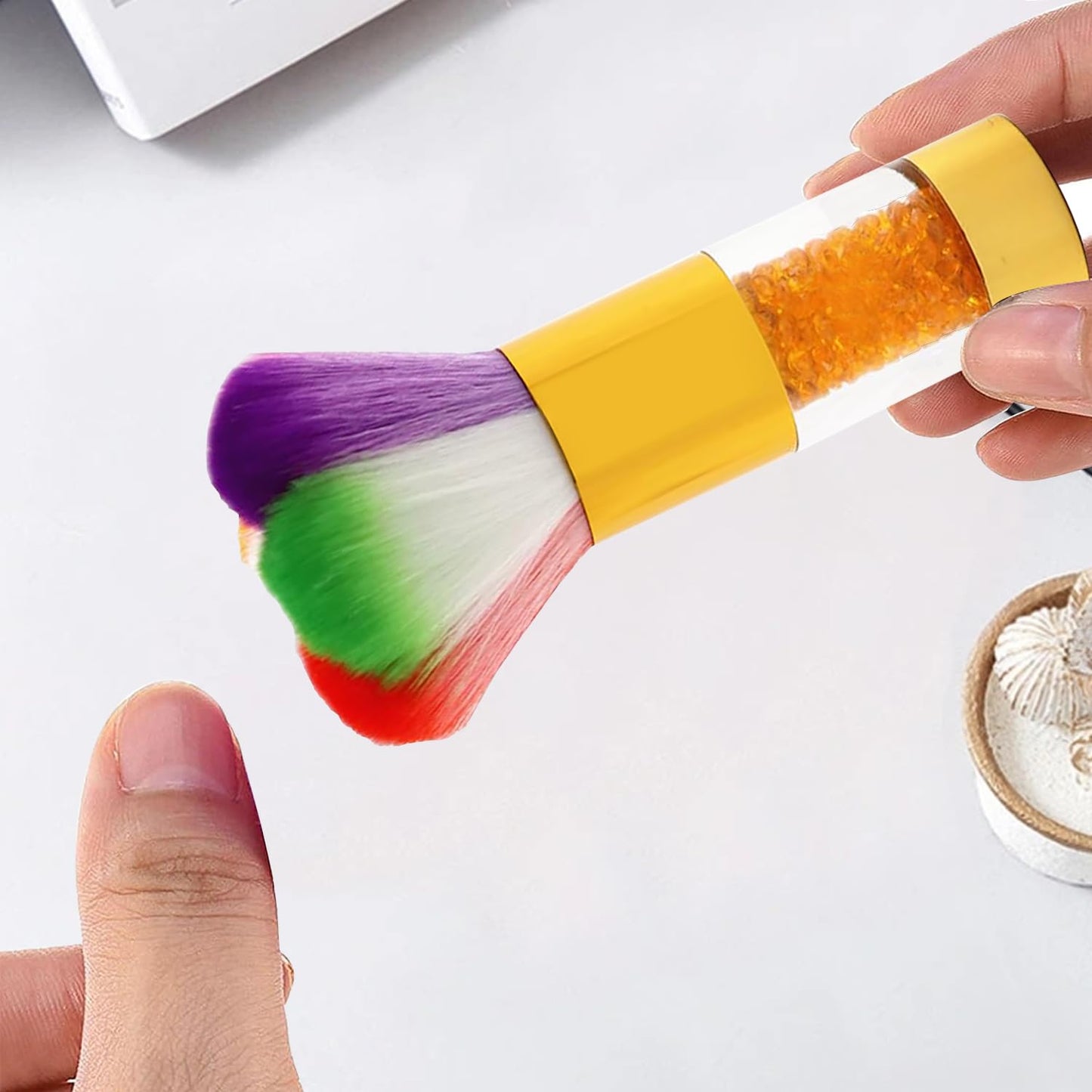 2Pcs Rainbow Nail Dust Brush, Colorful Nail Dusting Brushes, Nails Cleaning Brush with Rhinestone Handle, Professional Manicure Duster Remover Brush for Nail Glitter, Powder & Salon DIY Manicure-Gold