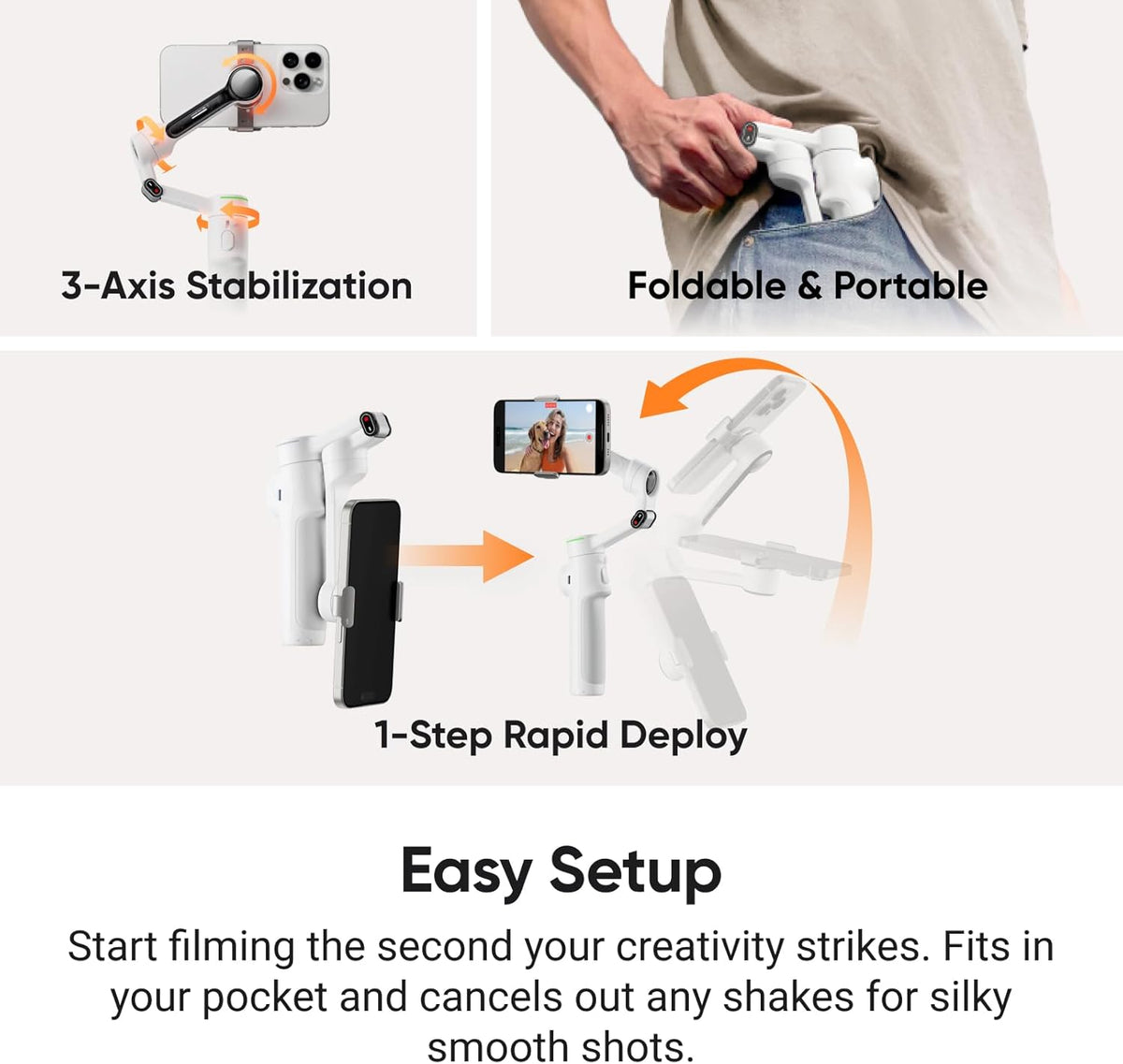 Insta360 Flow 2 Pro White - Foldable AI Phone Gimbal, Track in 200+ Apps with Apple DockKit, Multi-Person Tracking, 360º Pan Tracking, Built-in Tripod/Selfie Stick, iPhone/Android Portable Stabilizer