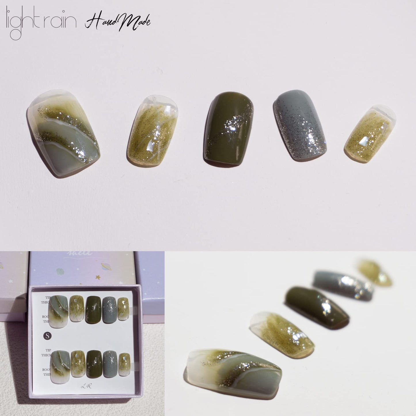 Light Rain Medium Size Hand-made Press on Nails, 3D Gel UV Finished False nails with Design by Professional Manicurist
