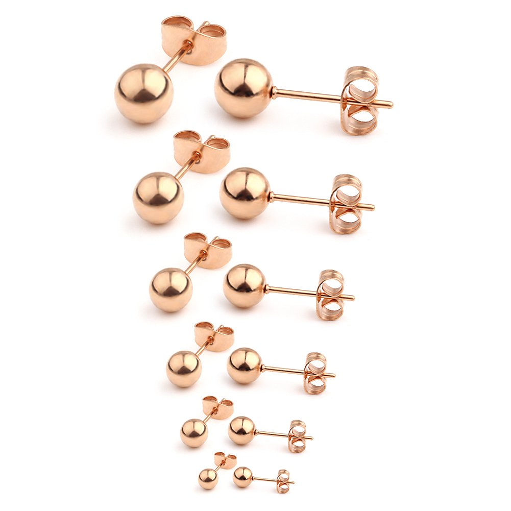 Ruifan 20G Stainless Steel Ball Stud Earrings for Men Women Round 3-8mm 6Pairs - Rose Gold