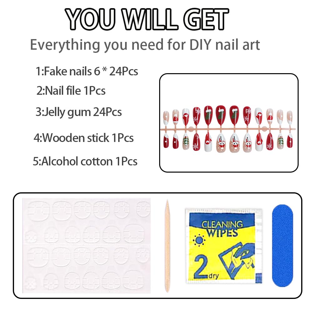 Christmas Press On Nails - Almond Shaped Press On Nails Medium Fake Nails With Snowman Snowflake Socks Heart Designs Acrylic Artificial Glue On False Nail Press Ons Stick On Nails For Women