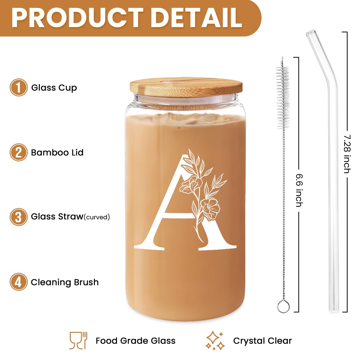 SANDJEST Monogrammed Gifts for Women - Monogram A Initial Glass Cup 16 Oz Can Coffee Cups with Lid and Straw - Monogram Initials Gifts for Womens on Birthday