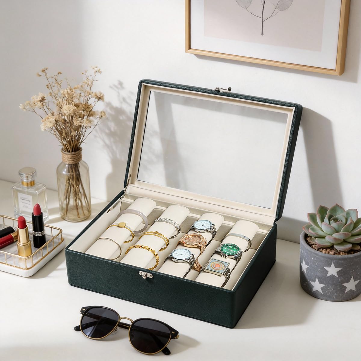 OrizeGe Jewelry Box with Glass Lid Bracelet Holder PU Leather for 4 Rods Beige Velvet Watch Case for Women