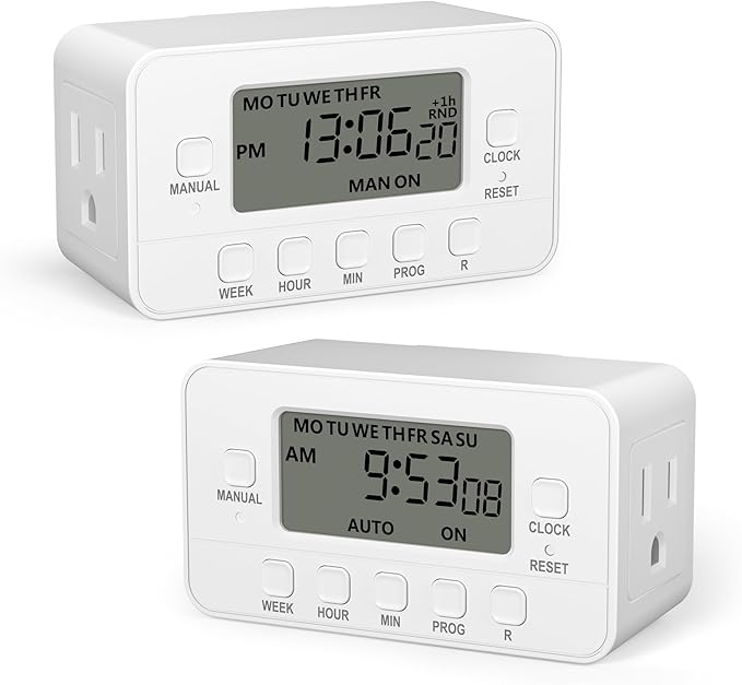 BN-LINK 7-Day Heavy Duty Digital Timer with Dual Outlet, LCD Display, 3-Prong Programmable Design, for Lights, Fans, Coffee Machine, Home, Office, Indoor Use, 125V 15A 1875W, 2 Pack