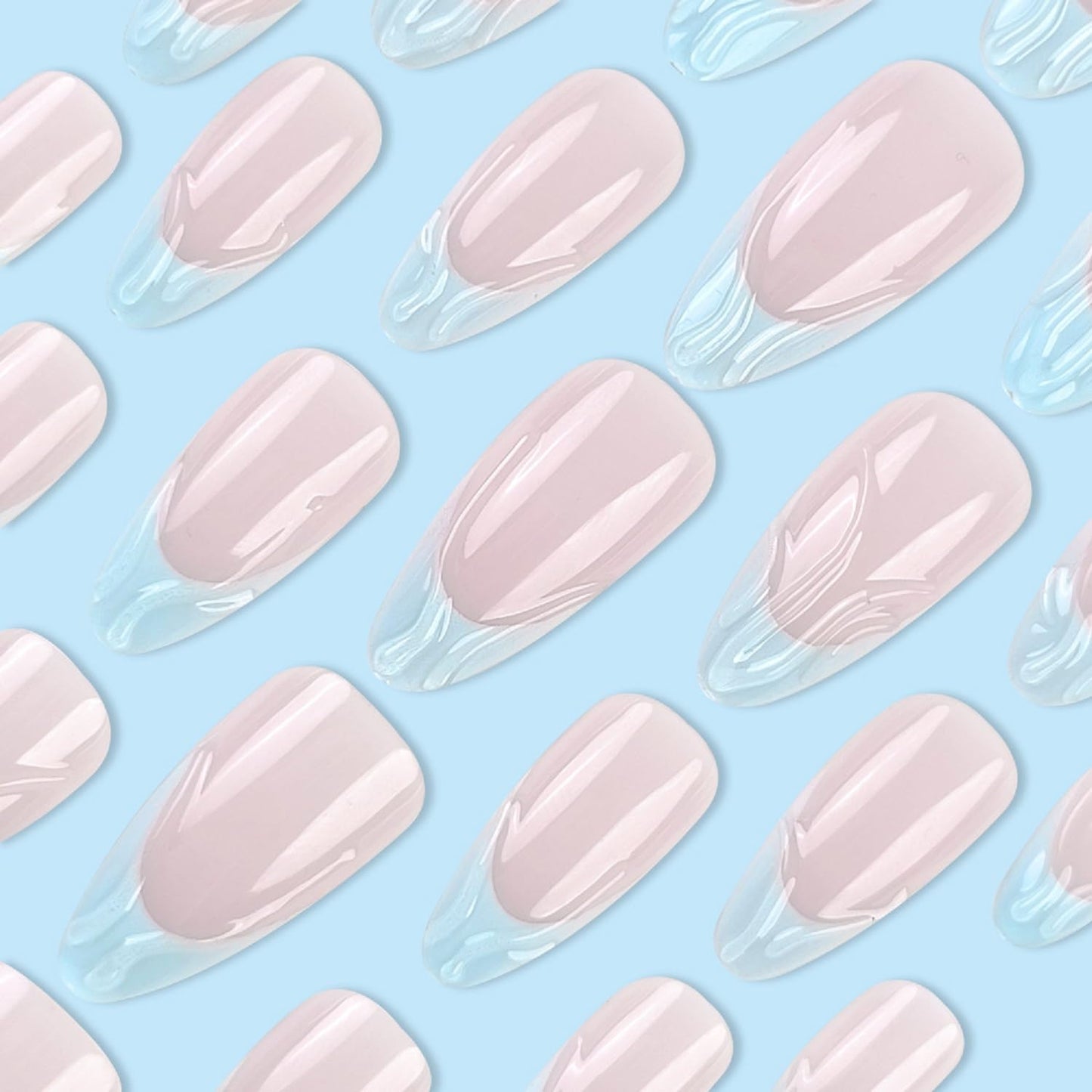 Almond Press On Nails Medium Fake Nails Blue French Tip False Nails With 3D Design Nude Acrylic False Nails Full Cover Artificial Glue On Nail Reusable Stick On Nail For Women Manicure 24pcs