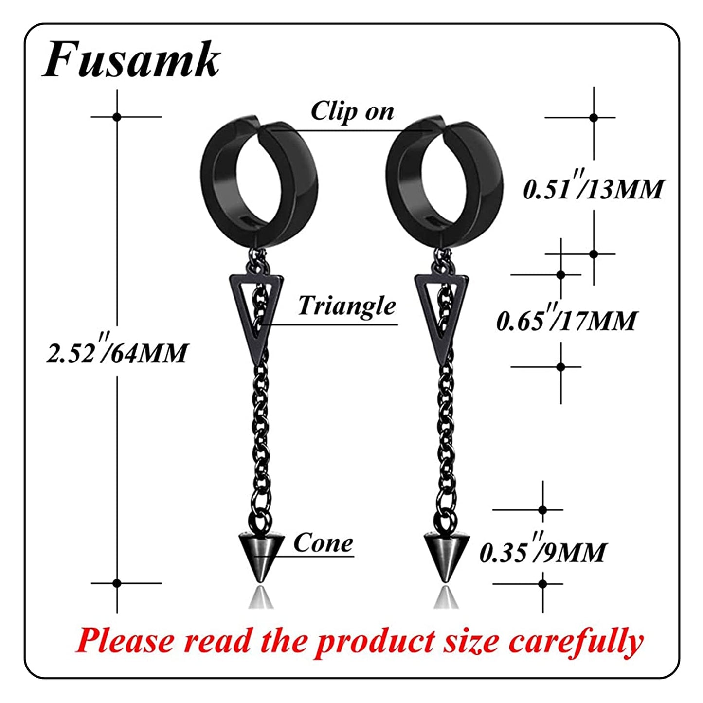 Fusamk Punk Rock Stainless Steel Triangle Ear Clip Earrings Spike Long Chain Dangle Earrings(Black)