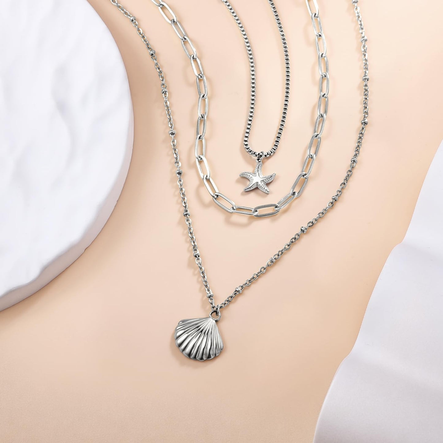 Shell Necklace for Women, Silver Layered Starfish SeaShell Pendant Charm Necklace,Dainty Non Tarnish Waterproof Adjustable Choker Paperclip Necklaces Stack Jewelry for Summer Beach Vacation (Silver)