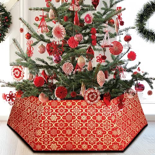 Christmas Tree Collar, Red Christmas Tree Collar, Gold Snowflake Christmas Trees Skirt, Square Christmas Trees Ring, Foldable Hexagon Xmas Tree Skirt, Snowflake Decor for Holiday Party Home, 31 inch