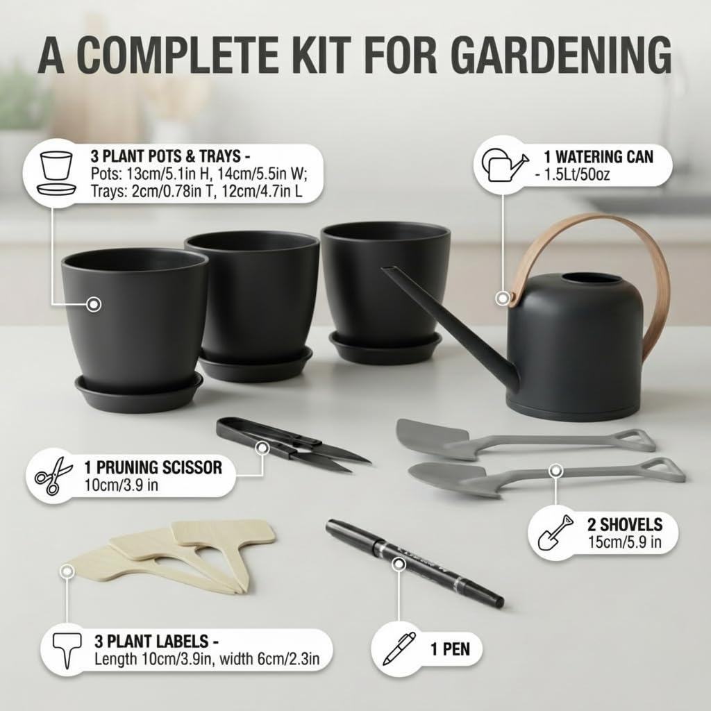 JNGROW Indoor Garden Kit - Plant Pots with Drainage, Watering Can & Tools - Ideal Windowsill Planter Set - Modern Home & Kitchen Decor Gift - Black
