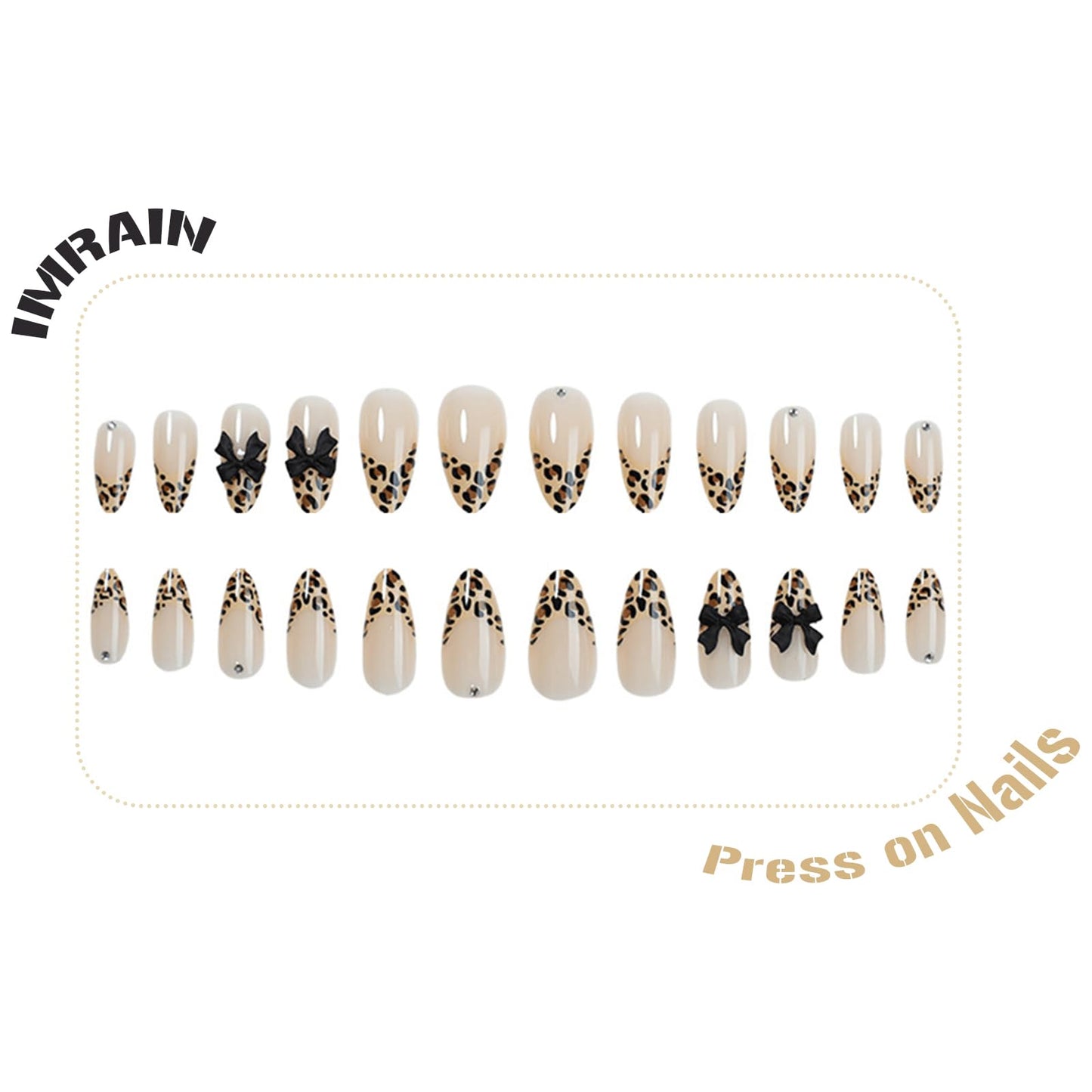 IMRAIN Medium Almond Press on Nails Leopard Print French Tips Fake Nails with 3D Black Bow Charm Design Brown Glossy Glue on False Nails Full Cover Stick on Nails 24Pcs
