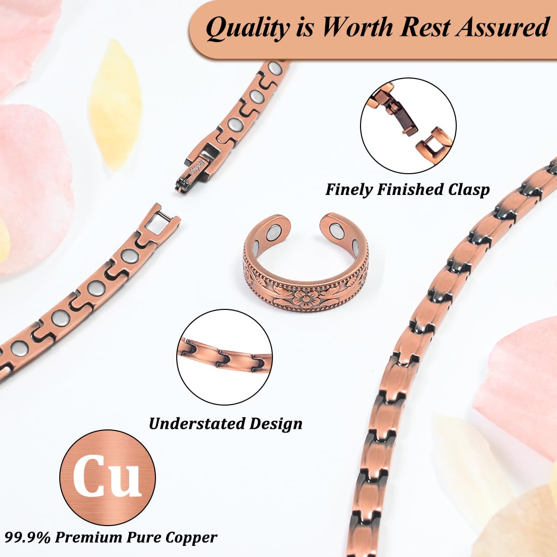 Vicmag Copper Magnetic Necklace for Women - Ultra Strength Magnets-99.9% Solid Pure Copper 2PCS Ring Necklace Set for Neck Adjustable Light Weight