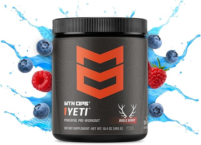 MTN OPS Yeti Pre-Workout Powder Energy Drink with Creatine, 200mg Caffeine & BCAAs with Beta Alanine, 30-Serving Tub, Bugle Berry