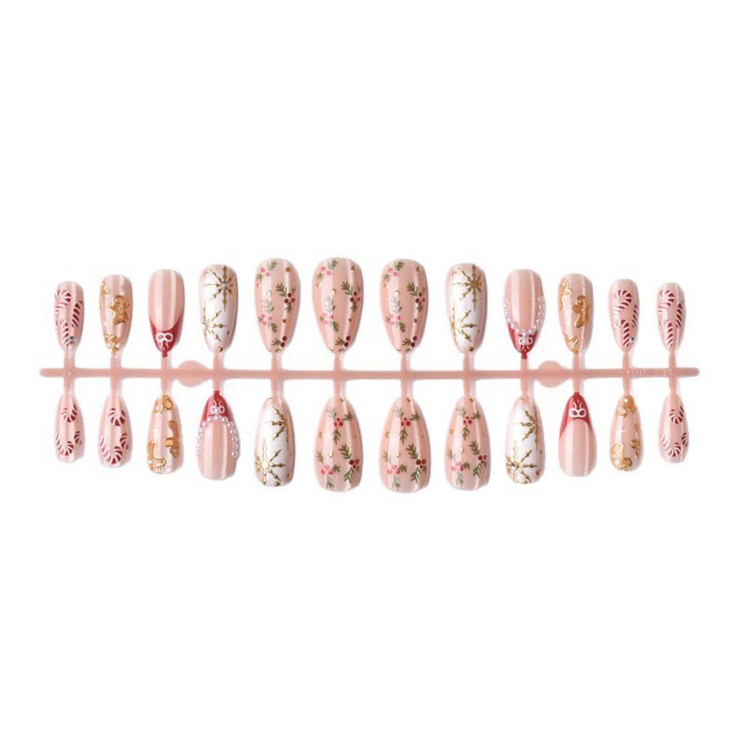 Christmas Almond Press on Nails Medium Fake Nails Red French Artificial Nail with Pearl and Gold Charm Designs Stick on Nail for Women 24pcs