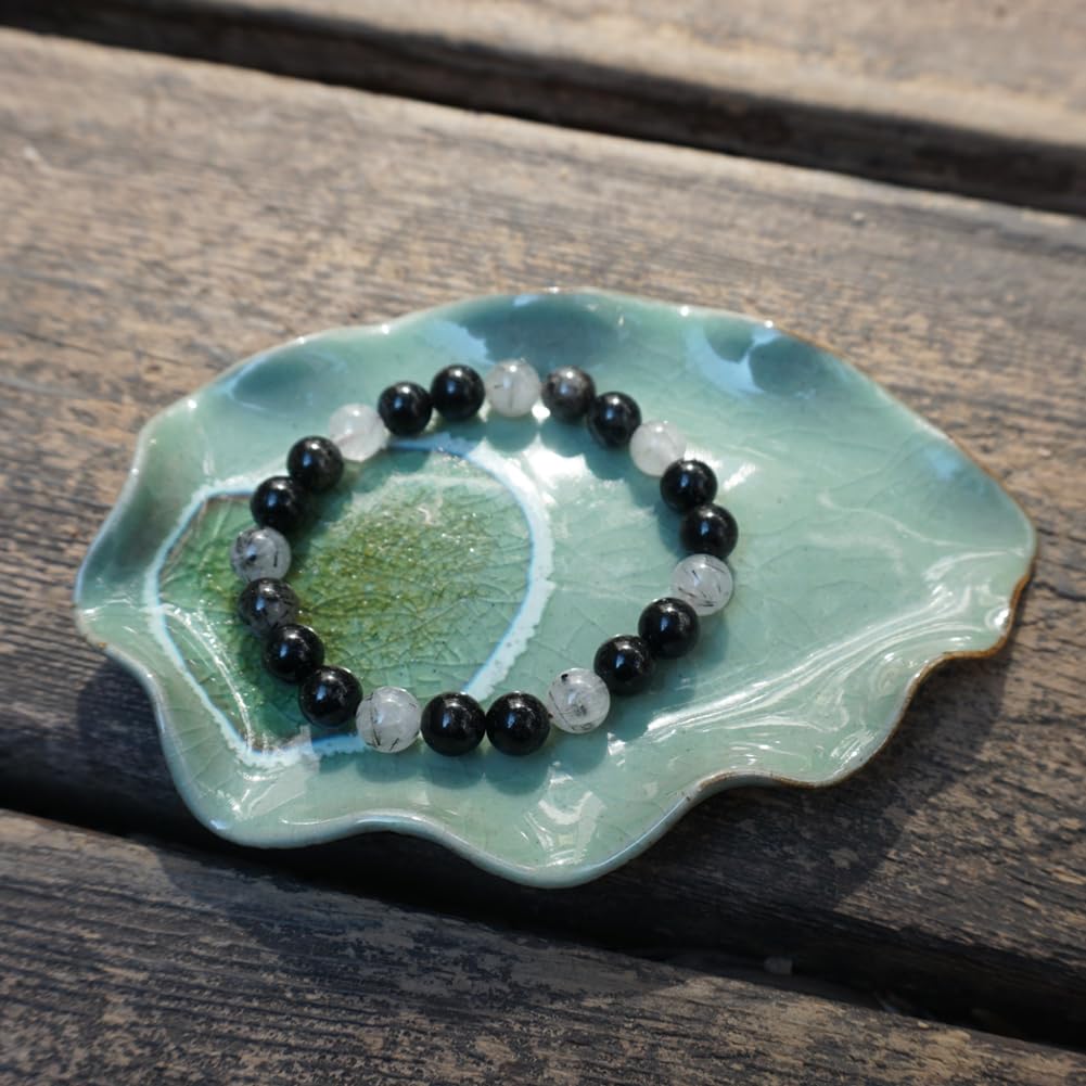 TaHLga 10MM Black Rutilated Quartz Bracelet | Natural Rutilated Quartz Gemstones | Bring Luck Wealth Courage | Protection from Evil | Gift