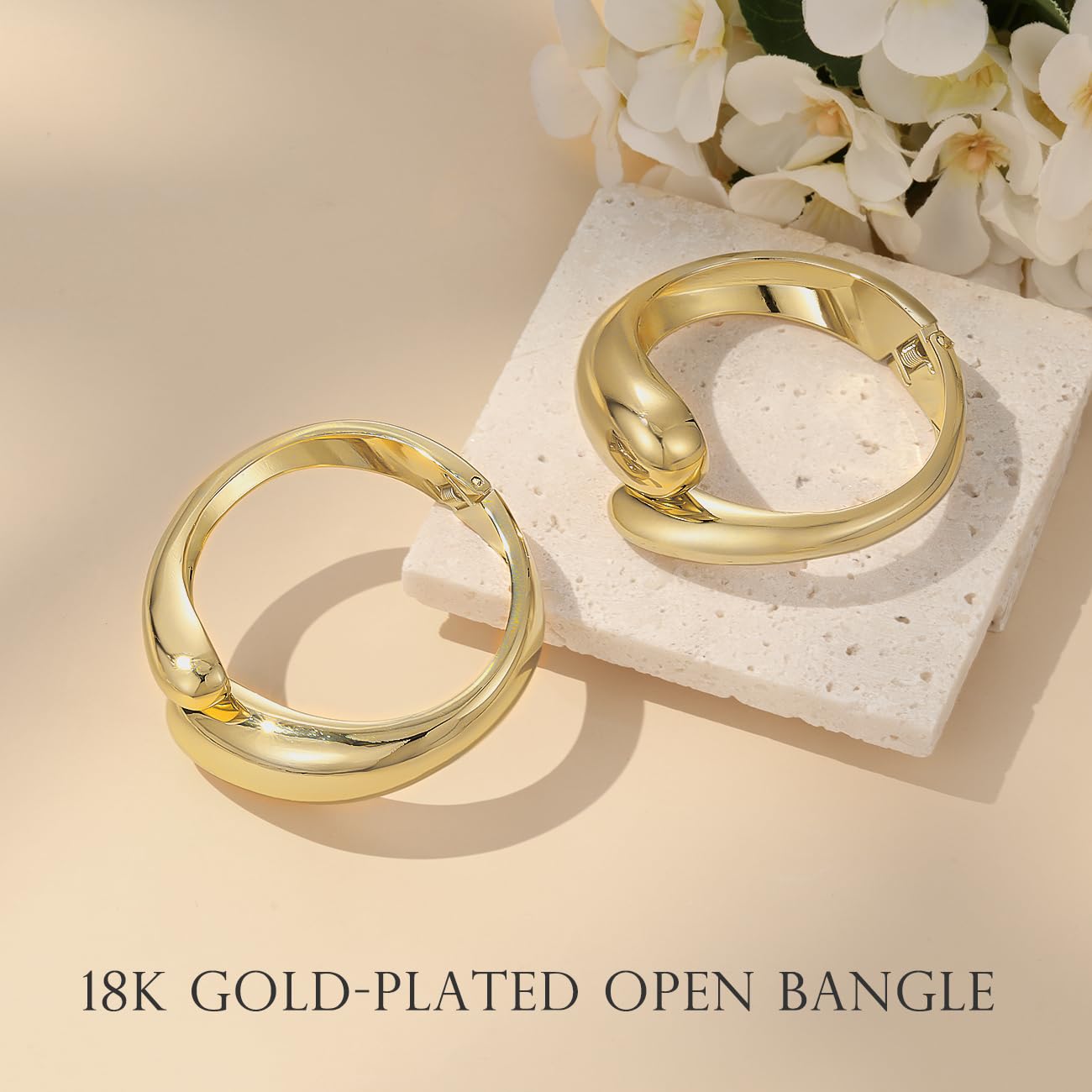 Emibele Gold Bangle Cuff Bracelet Stack, Chunky 18K Gold Plated Teardrop Hinged Thick Bangle Bracelet Set, Non Tarnish Gold Bracelets for Women, 2 Pack, Gold