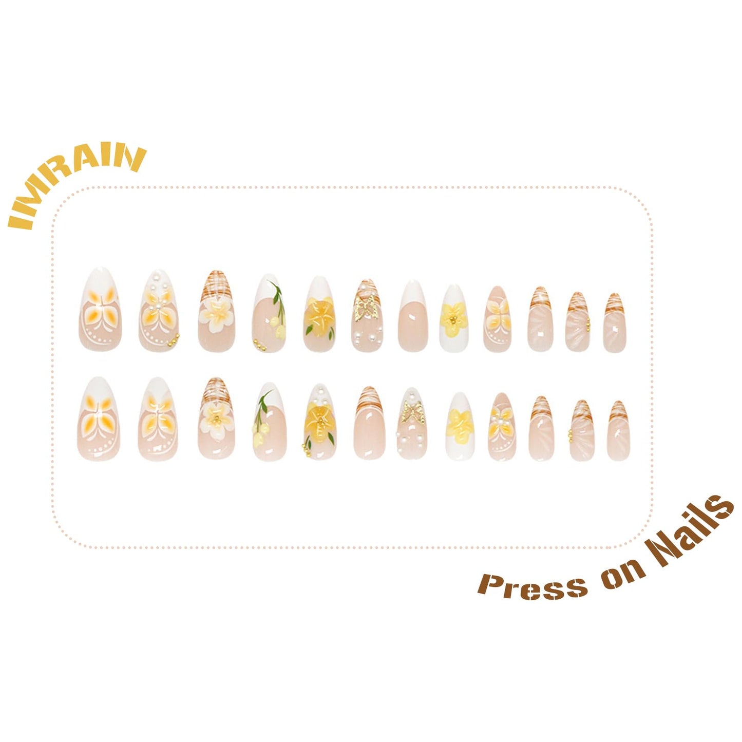 IMRAIN Spring Press on Nails Medium Almond Fake Nails French Nail Tips Full Cover 3D Yellow Flower False Nails Reusable Artificial Stick on Nails for Women