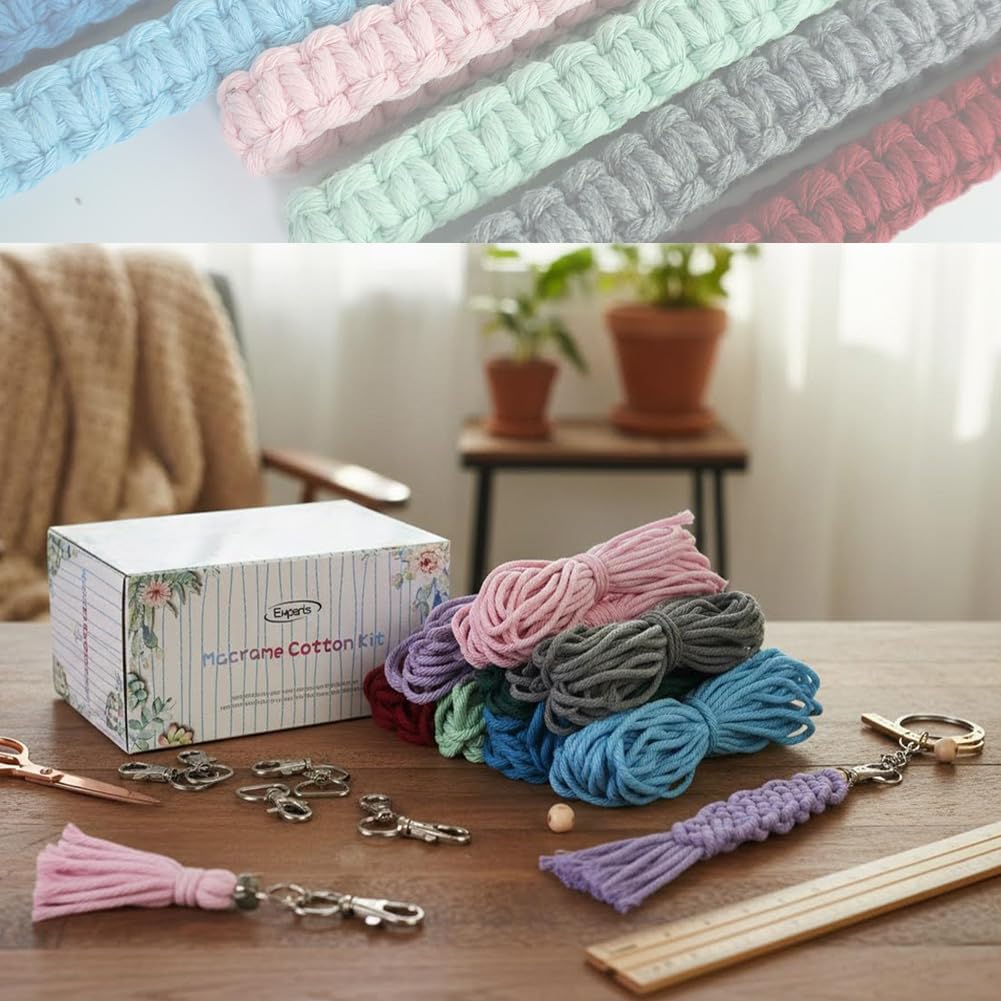 suo long Macrame Kits for Adults Beginner to Make 8 Macrame Keychain with 3mm Yarn Premeasured, Metal Key Ring,Instruction Book for Starter Adults DIY Craft Kit