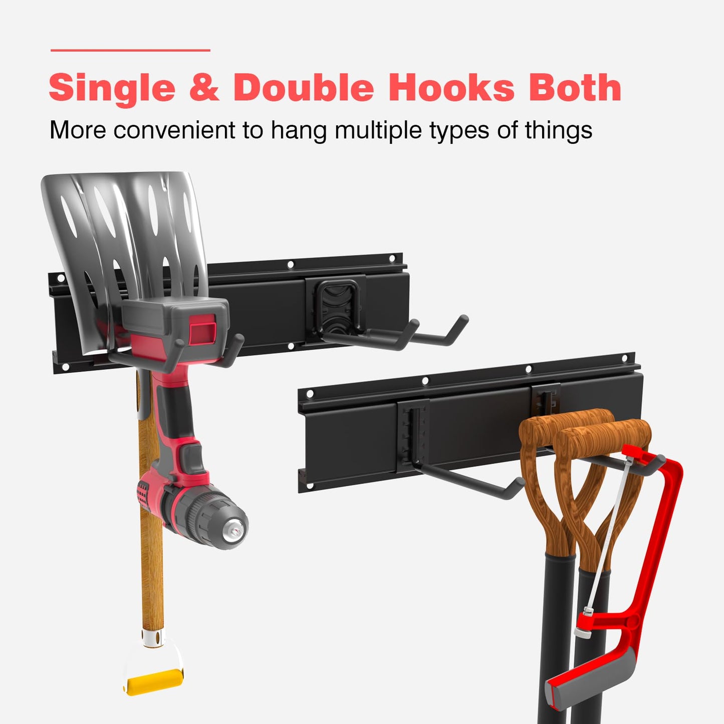 Mutilife Wall-Mounted Garage Tool Organizer: 64 Inch Heavy-Duty Garden Rack & Wall Storage System - 4 Rails 10 Non-Slip Hooks for Folding Chairs, Ladders & DIY Tools