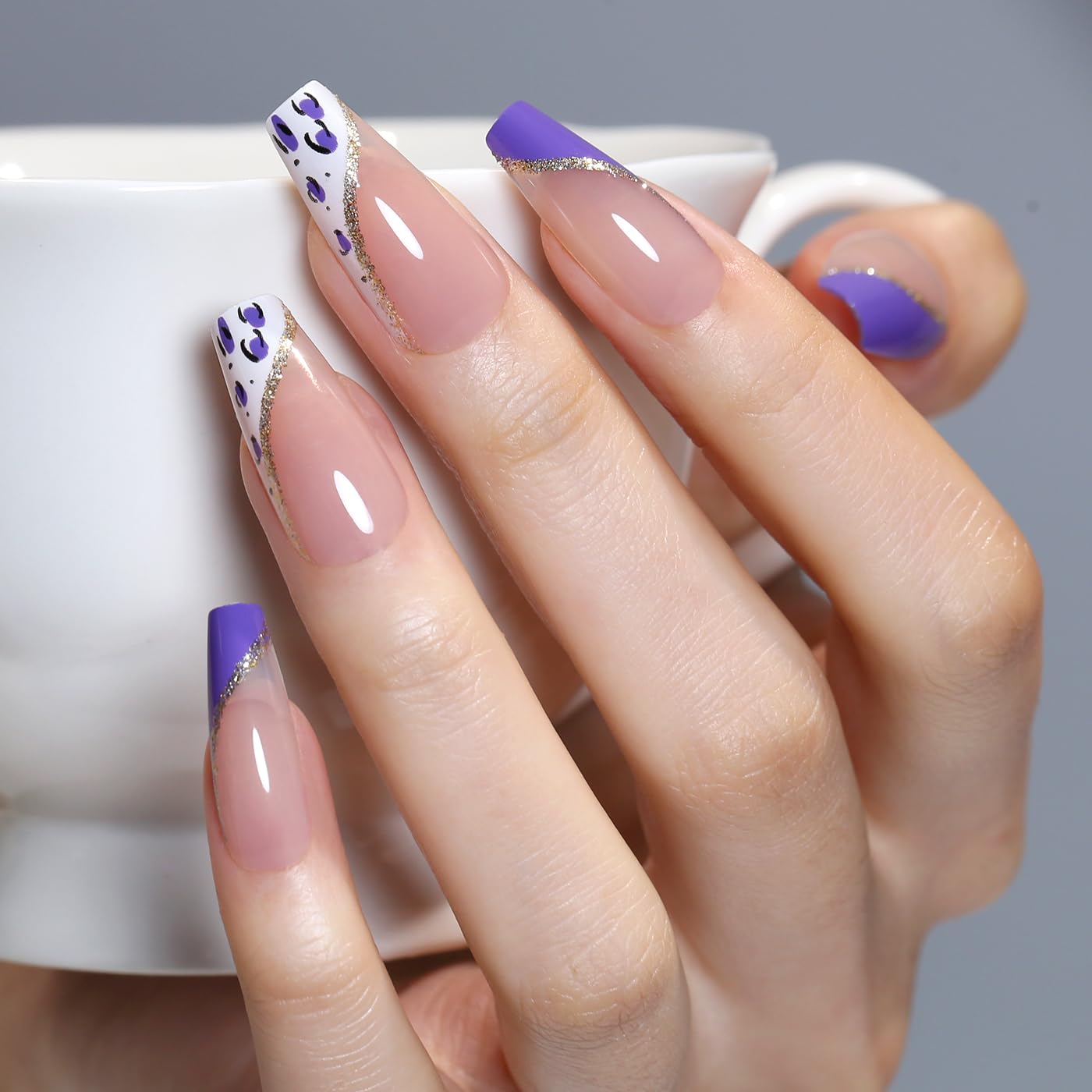 Goolich Purple French Tip Press On Nails Medium Coffin, Leopard Print Nails Press ons Set with Adhesive Tabs, 24 Pcs 12 Size Reusable Full Cover Glue on Nails for Women