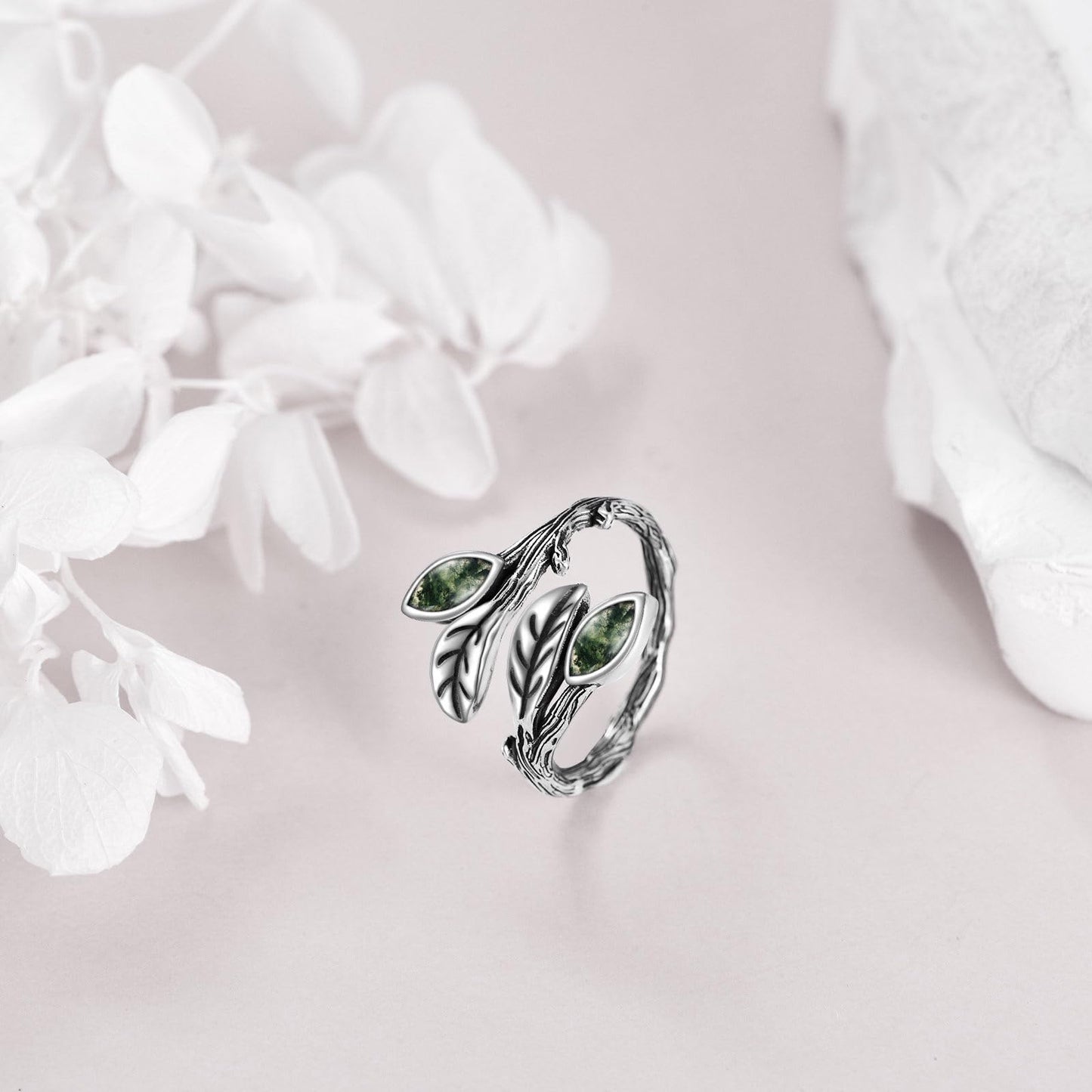 POPLYKE Leaf Moss Agate Ring Sterling Silver Boho Adjustable Open Ring Green Gemstone Spoon Ring Vintage Thumb Rings for Women