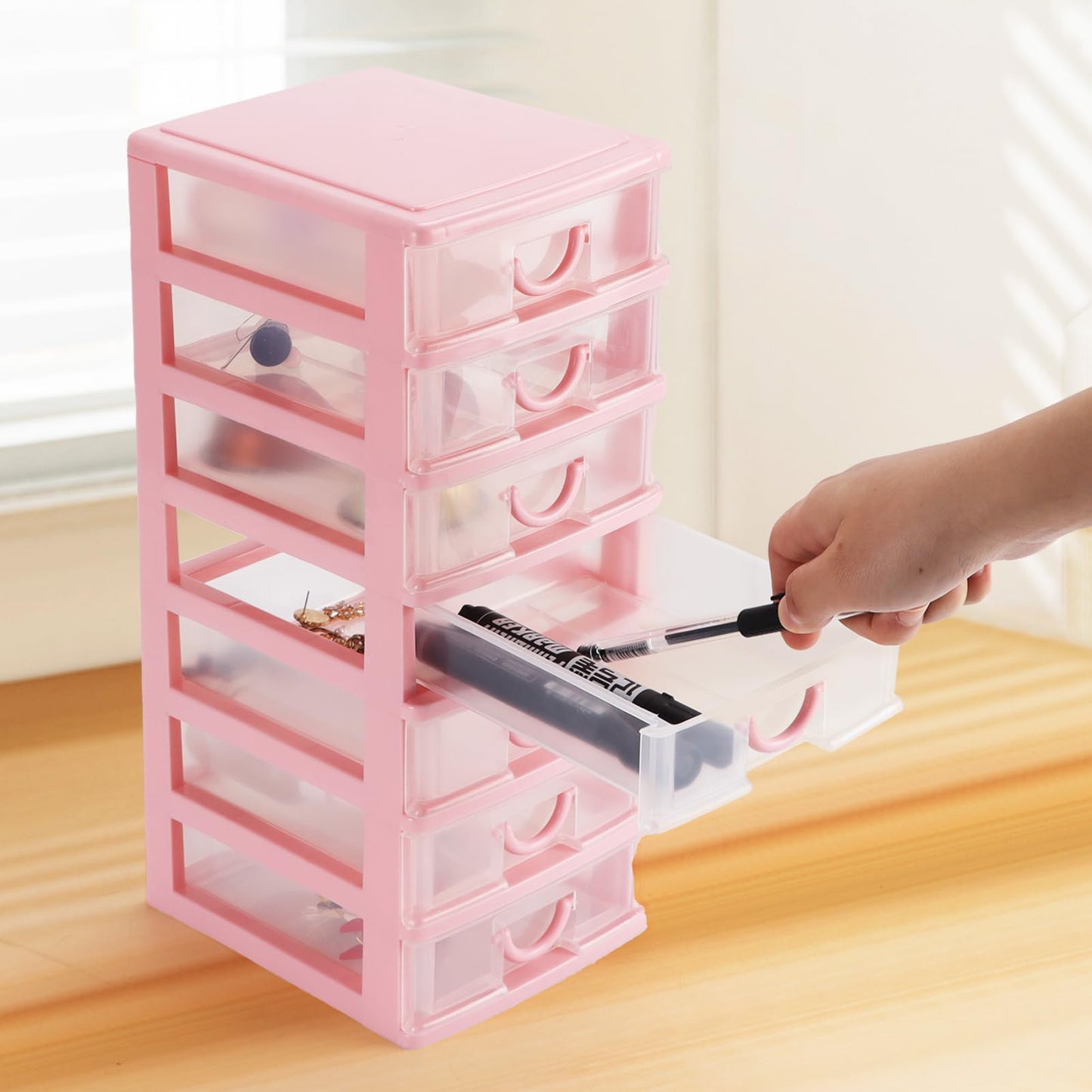 Rempry Mini Plastic Organizer with 7 Clear Drawers, 7.1"x5.1"x13.2" Small Storage Drawers Containers for Desk, Counters, Cabinets, Pink