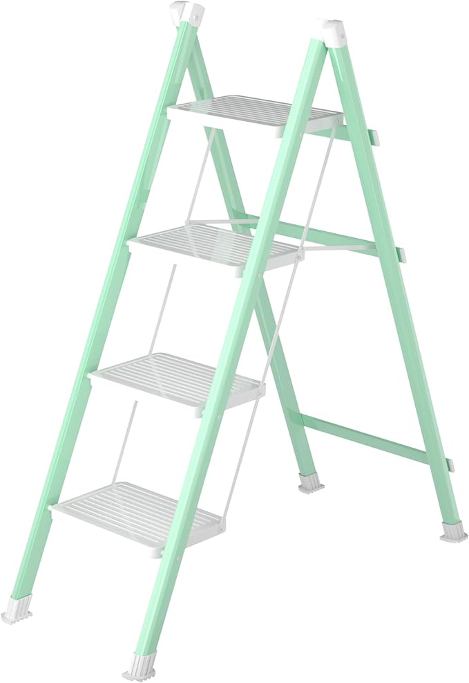 4 Step Ladder, Folding Step Stool with Anti-Slip Wide Pedal, Anti-Slip Feet, Sturdiest Steel Construction, Steel Ladder for Home and Office, Green White