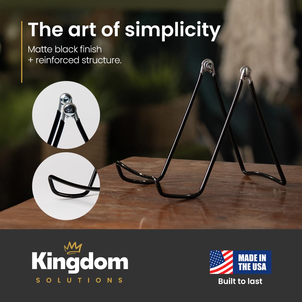 KINGDOM SOLUTIONS MADE IN USA 6-Pack Adjustable Black Metal Easels - Book Stand - Sturdy Plate Stand for Art, Pictures, Books, Frames - Unique on the Market