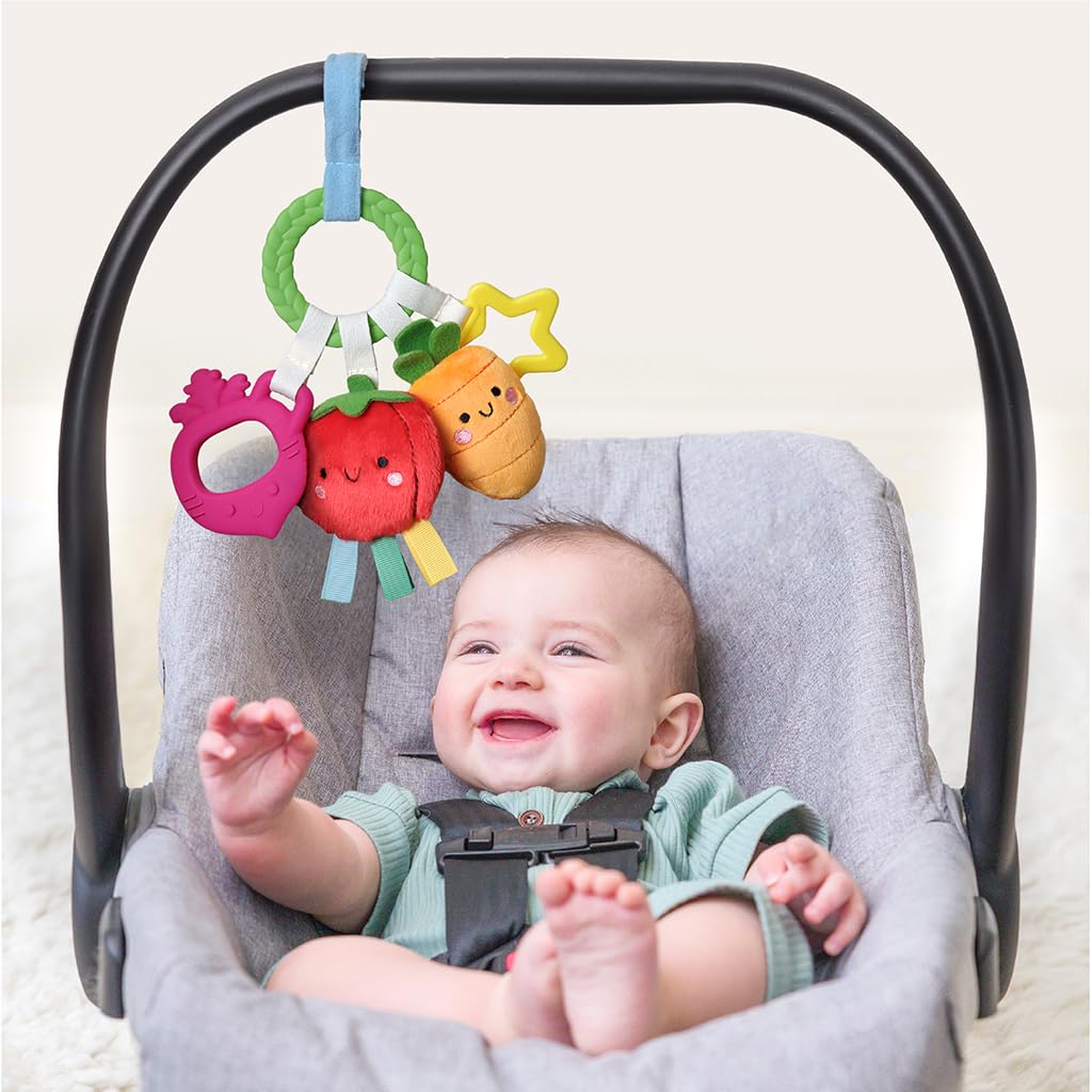 Itzy Ritzy Teething Activity Toy - Bitzy Busy Ring Infant Teething Toy Features Braided Ring & Dangling Toys, Includes Teether, Ribbons, Crinkle Sound & Jingle Bell - 0 Months & Up (Veggie)