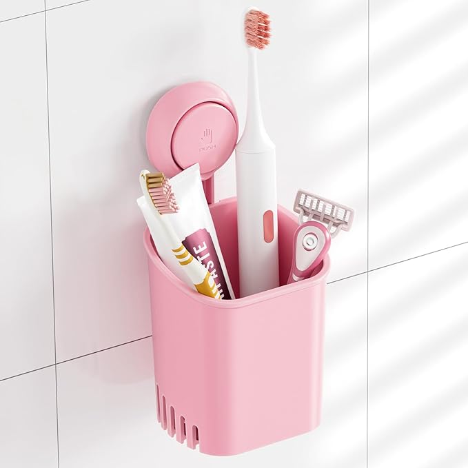 TAILI Suction Toothbrush Holder for Shower Wall, Self-draining Shower Cup for Razor, Toothpaste, Kitchen Tableware. No Nail, No Glue, No Tool! Strong Suction Cup Toothbrush Holders for Bathroom, Pink