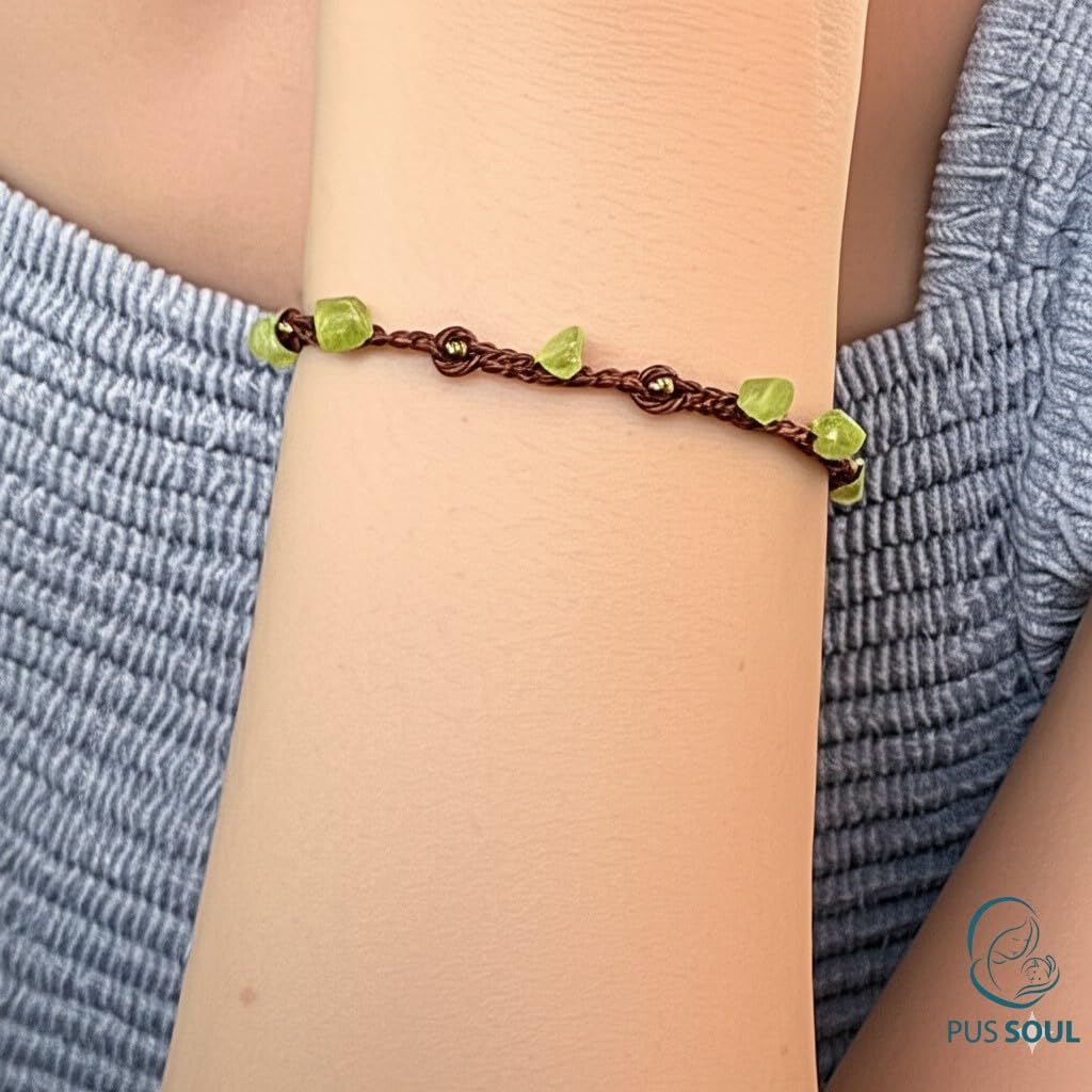 PusSoul Handmade Peridot Small Crystal Bracelet (6.5-7.5'') - Adjustable & Plus Size, Natural Healing Crystal Chips, Waterproof, Chakra Beaded - Unusual Jewelry for Women, Girl & Friendship from