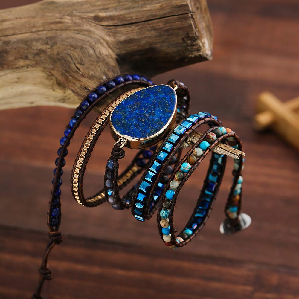 Plumiss Boho Bracelets Handmade Lapis Lazuli Stone Beaded Leather 5 Wrap Bracelet for Women Men Gift
