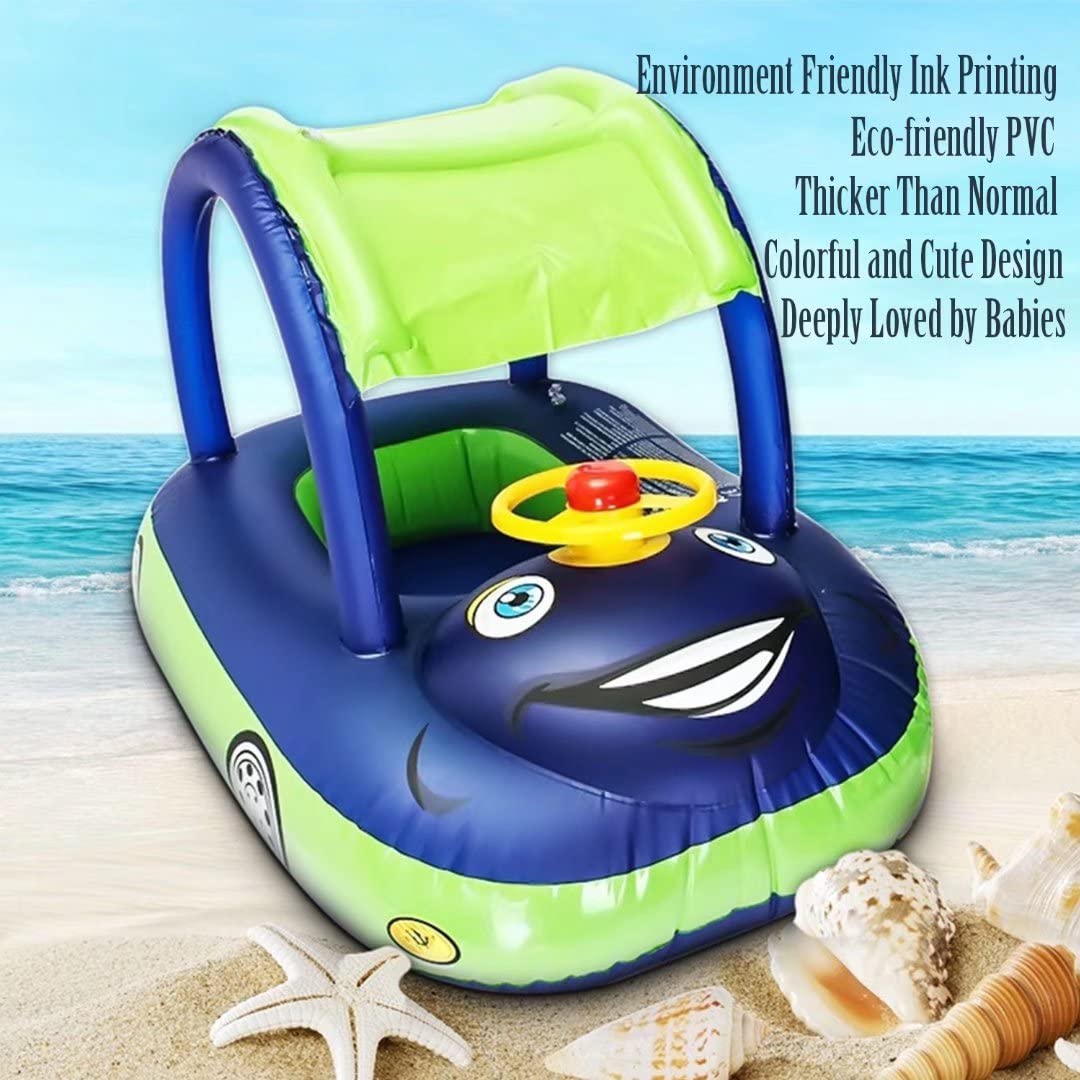 baby pool float with canopy Summer Steering Wheel Sunshade Swim Ring Car Inflatable toys infants Float Seat Boat for kids toddlers(Color blue)