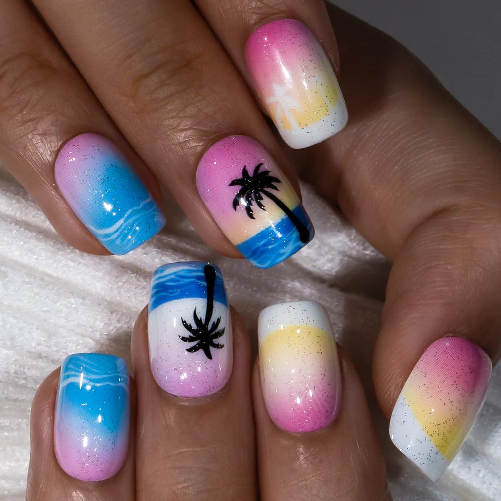 Curvlife Press on Nails Hawaii Acrylic Fake Nails with Short Design Full Cover, Reusable Nail Kit with Nail Glue Adhesive Tabs