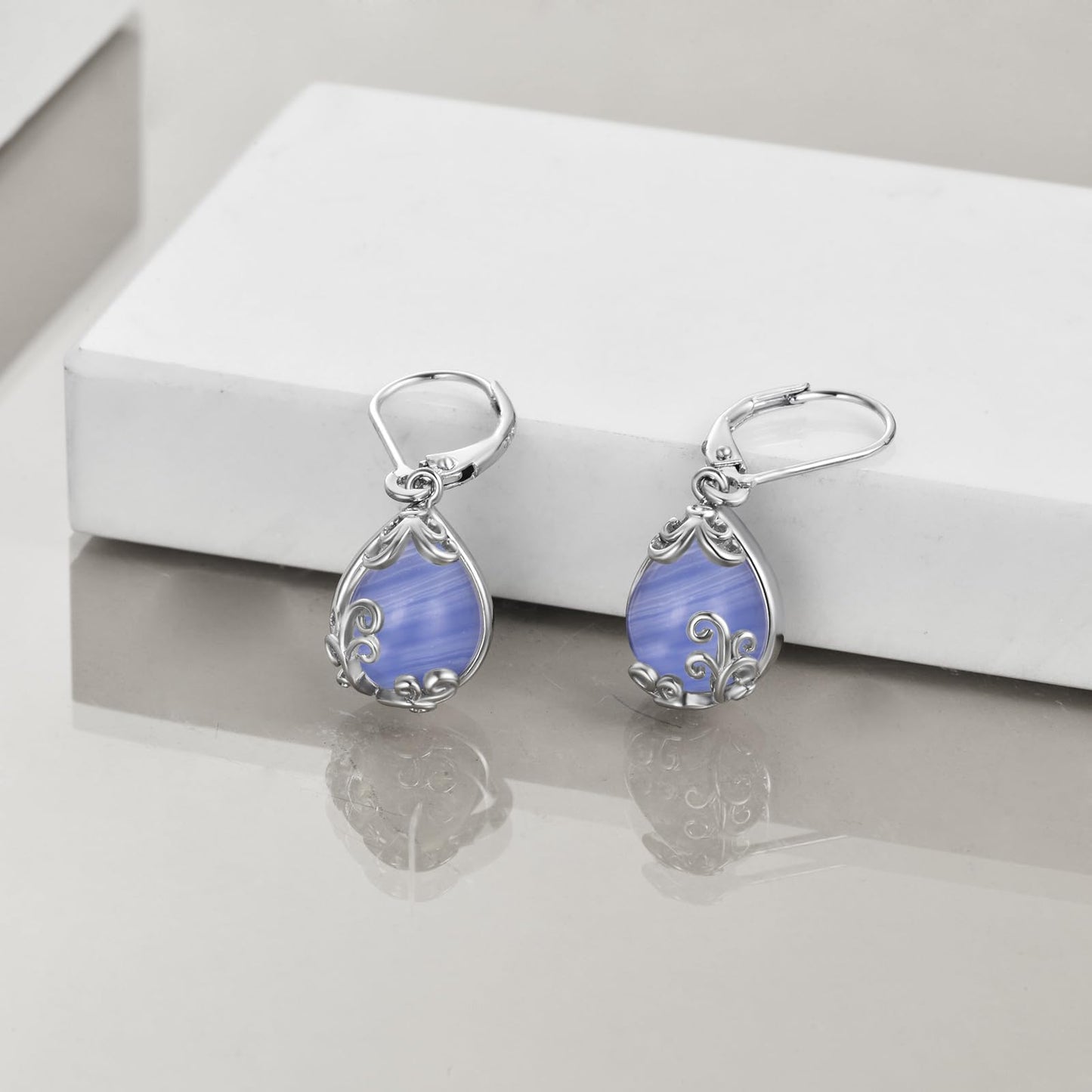 POPLYKE Blue Lace Agate Filigree Teardrop Drop Dangle Earrings Sterling Silver Crystal Leverback Earrings Jewelry for Women
