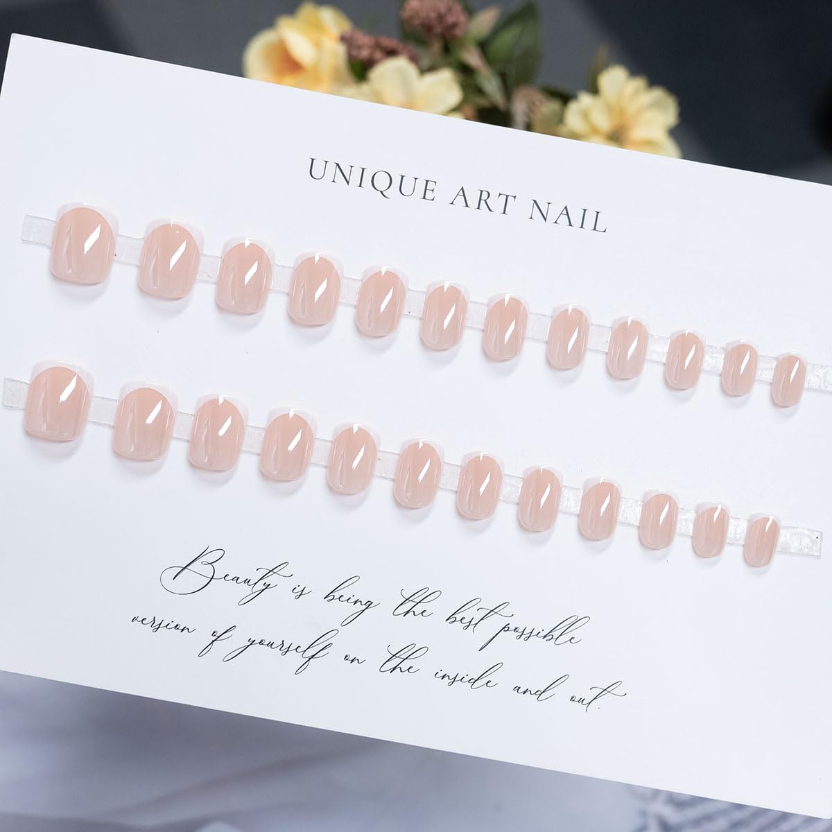 French Tip Press on Nails Short Square Fake Nails Chrome Mirror False Nails Glossy Nature Acrylic Nails Nude Reusable Full Cover Glue on Nails for Women Manicure 24Pcs