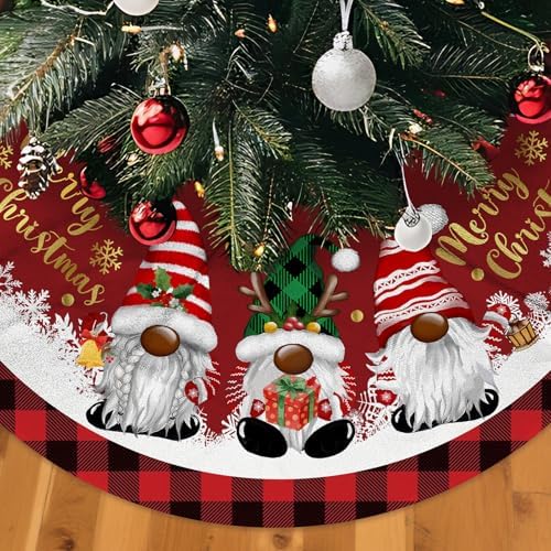 Christmas Tree Skirt, Gnomes Tree Skirts 48 Inch, Christmas Trees Decoration, Xmas Decor Mat for Indoor Outdoor, Xmas Skirts, Gnomes Holiday Decoration