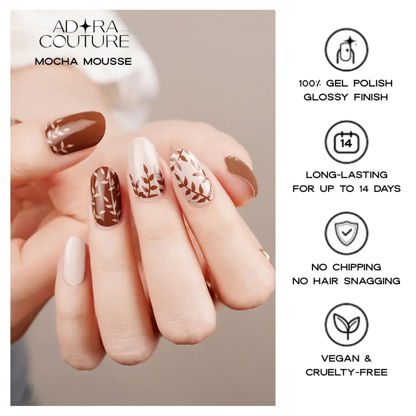 Adora Couture Semi Cured Gel Nail Strips with 30 Pieces - Salon Quality Manicure Kit for Women Easy Application Wraps Includes Prep Pads Nail File Wooden Stick, UV Light Required (Brown Mocha)