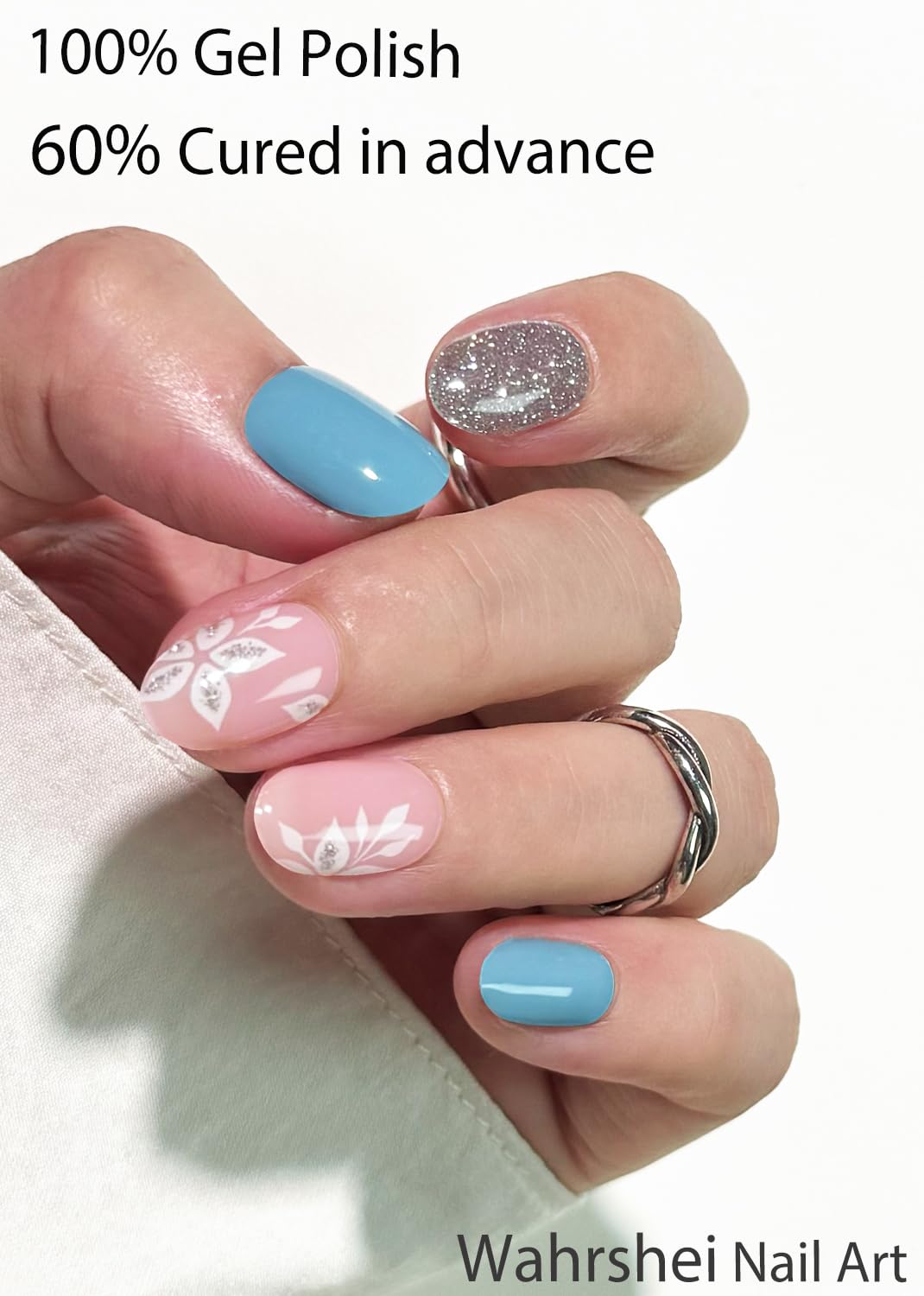 Semi Cured Gel Nail Strips, No LED Lamp Needed, Blue Glitter Flower Gel Nail Stickers, Wraps for Home Manicure DIY
