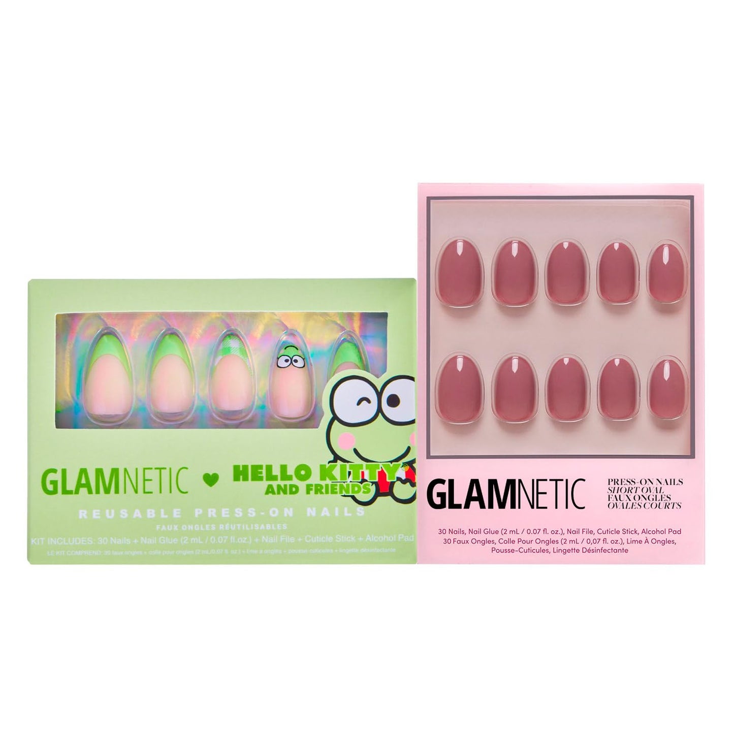 Glamnetic x Hello Kitty® and Friends Press-On Nails Bundle - Keroppi™ & Fall Mauve | Green French Tip Short Almond Graphic Fake Nails | Muted Blush Mauve Short Oval False Nails | Reusable Nail Kit wit