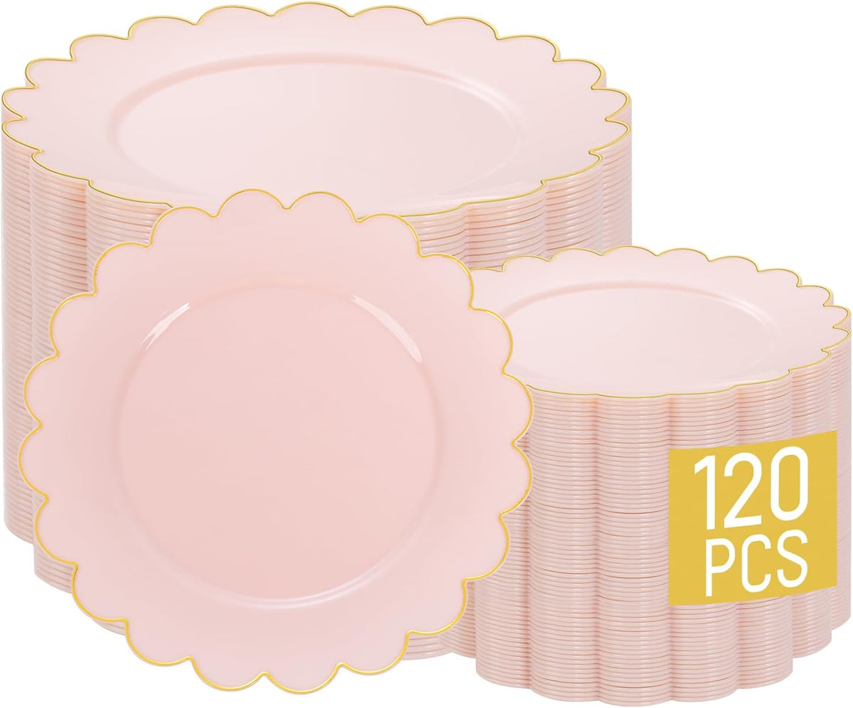 LIYH 120 Pcs Pink Plates Disposable Heavy Duty Gold Disposable Plates for Party Includes 60 Dinner Plate 10.25" & 60 Dessert Plate 7.5" Elegant Gold Rim for Bridal Shower Birthday