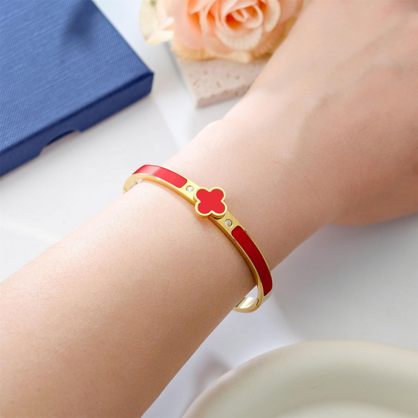 KYJAC 18k Gold Plated Stainless Steel Four Leaf Clover Bracelet for Women - Non-Tarnish, Precision Polished Chunky Oval Bangle in Black, White, Pink, Red Clover Bangle