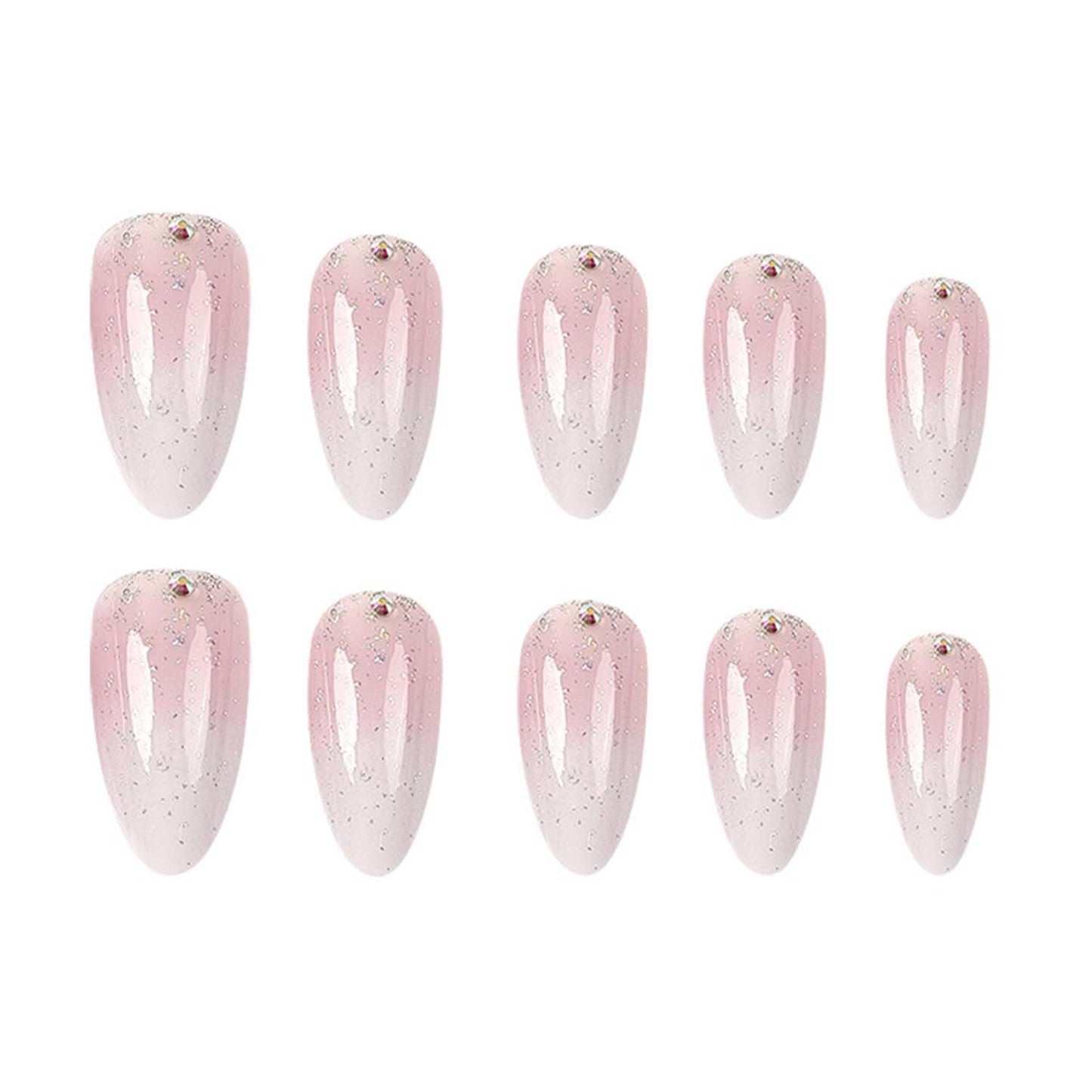 Pink Ombre Press On Nails Medium Almond Fake Nails Glitter With Rhinestones Designs Gradient Acrylic Artificial Fingernails Full Cover Glossy False Nail Reusable Glue On Nails For Women 24pcs
